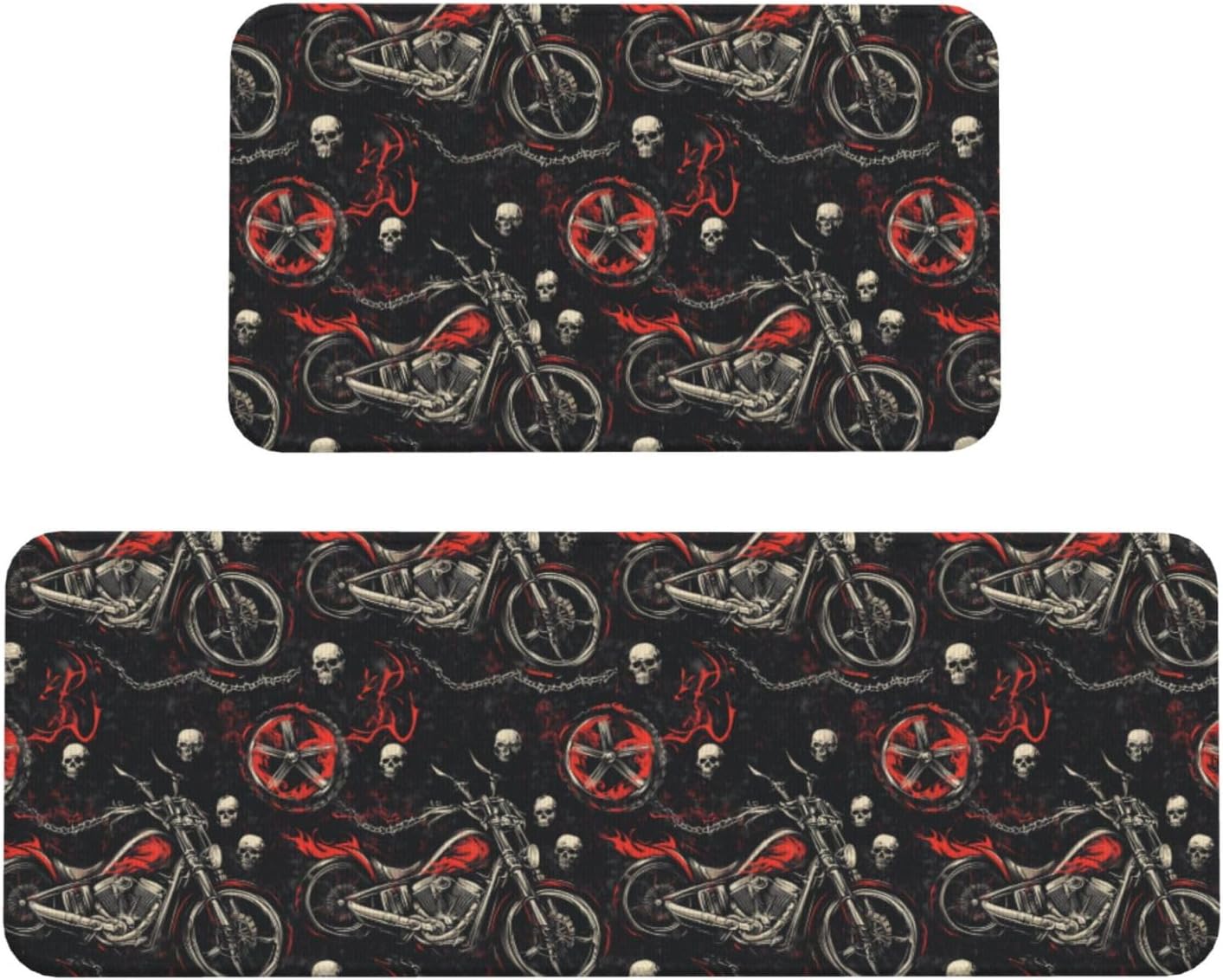 Skull Motorcycle Cool Print Kitchen Rugs Sets of 2 Non Slip Washable, Anti Fatigue Kitchen Mats for Floor, Home Decor