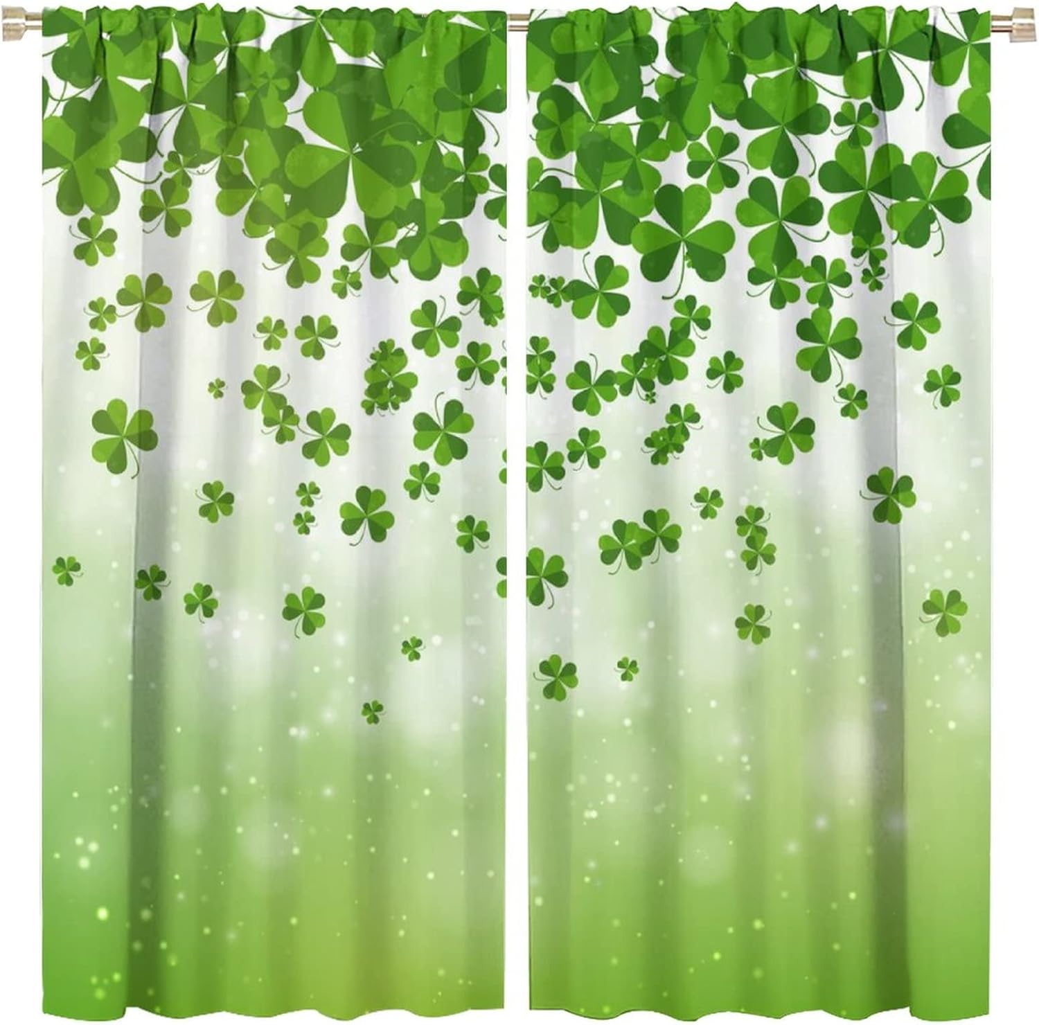St.Patrick's Day Kitchen Curtains,Green Shamrock Leaves Theme Rod Sleeves Window Drapes 2 Panel Set for Bedroom Bathroom Living Room Decor W42xL45in