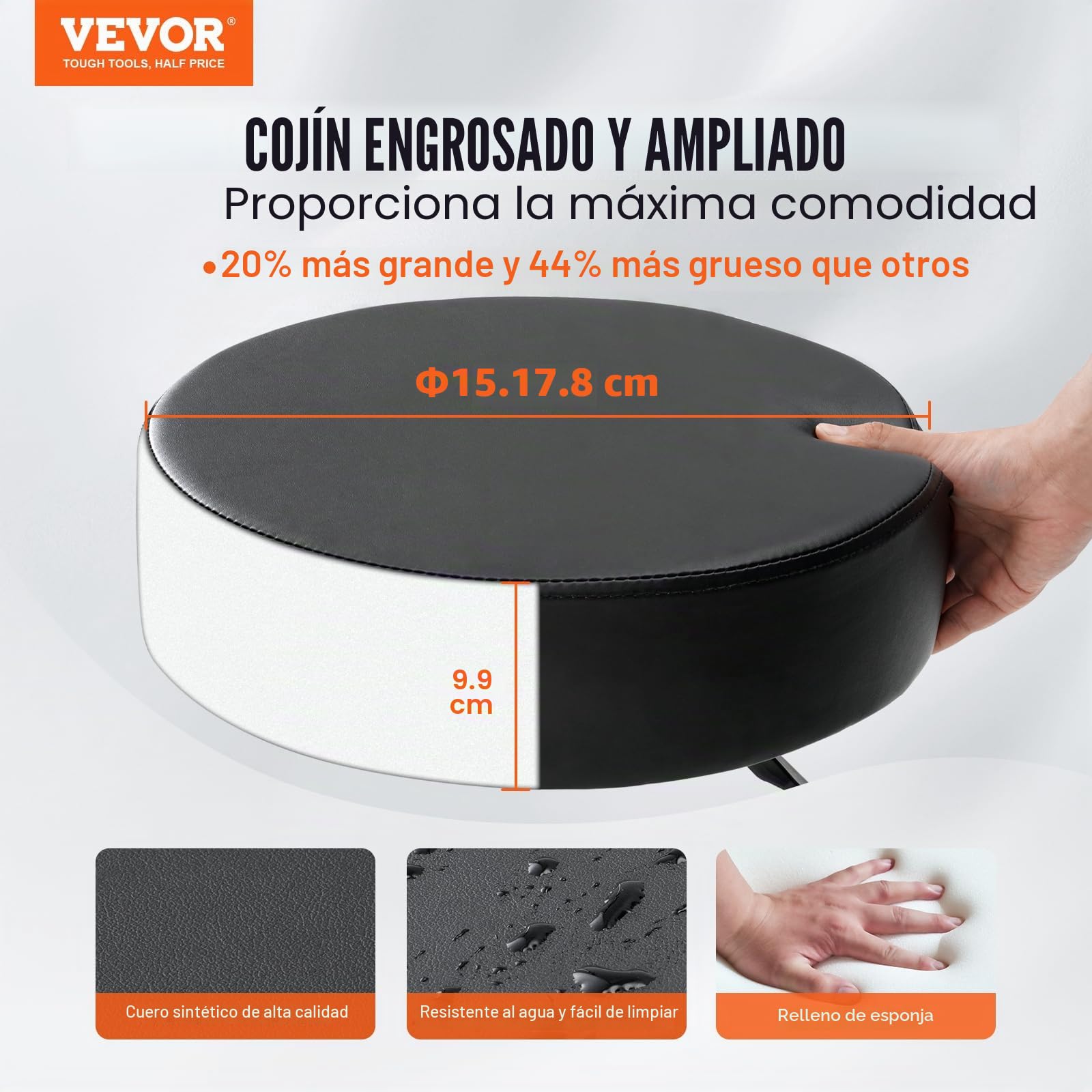 VEVOR Taburete de Oficina Carga de 181 kg Taburete con Ruedas Rotación de 360​​° Altura Ajustable de 46-60,5 cm Silla con Ruedas Cojín Grueso 10 cm Cubierto con Cuero de PU para Salón Clínica Oficina