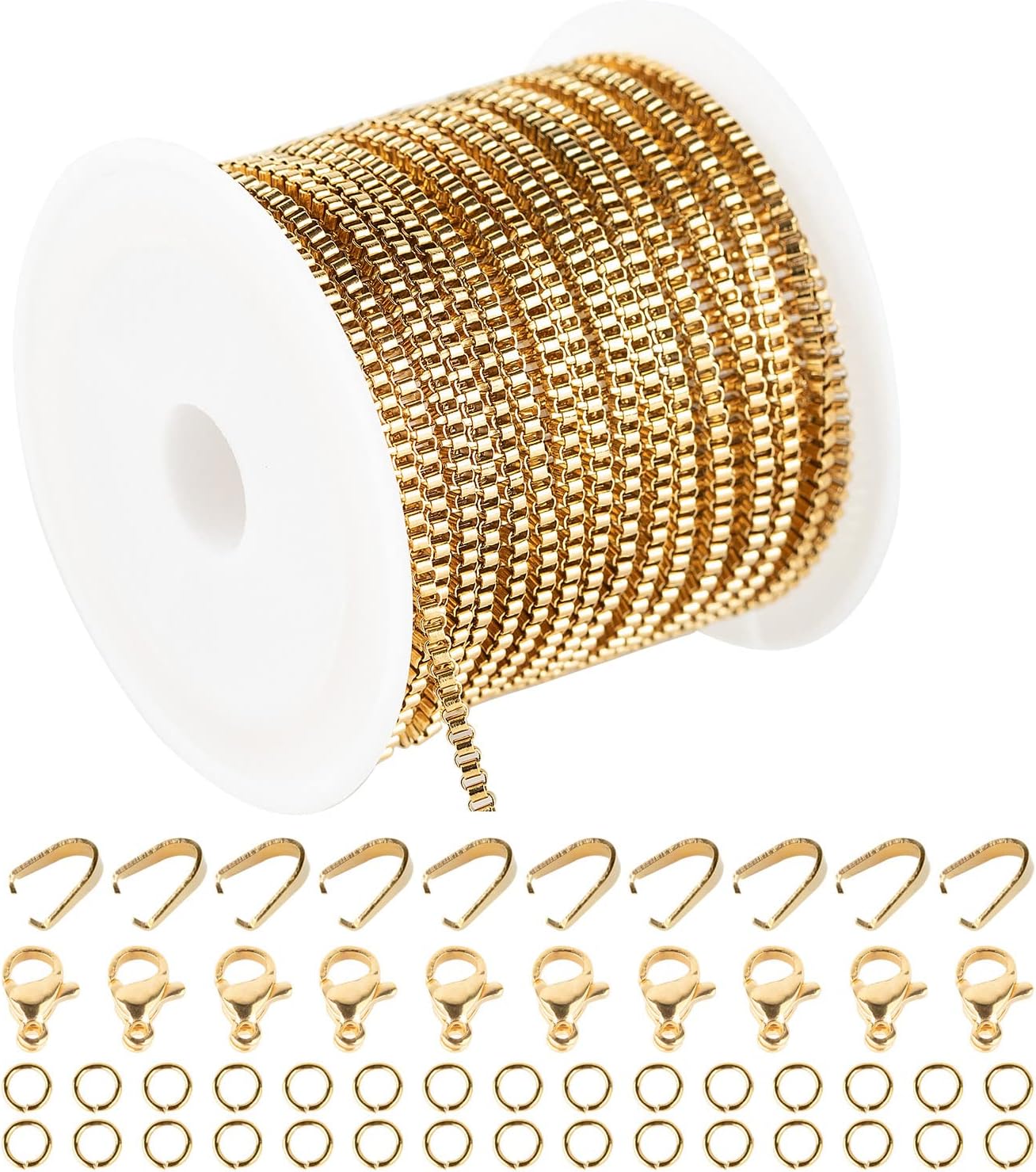 UMAOKANG 16.4 Feet Gold Stainless Steel Box Chains for Jewelry Making Necklace DIY Craft Link Chain Bulk with Lobster Clasps Jump Rings Pinch Clip Clasp for Men Women