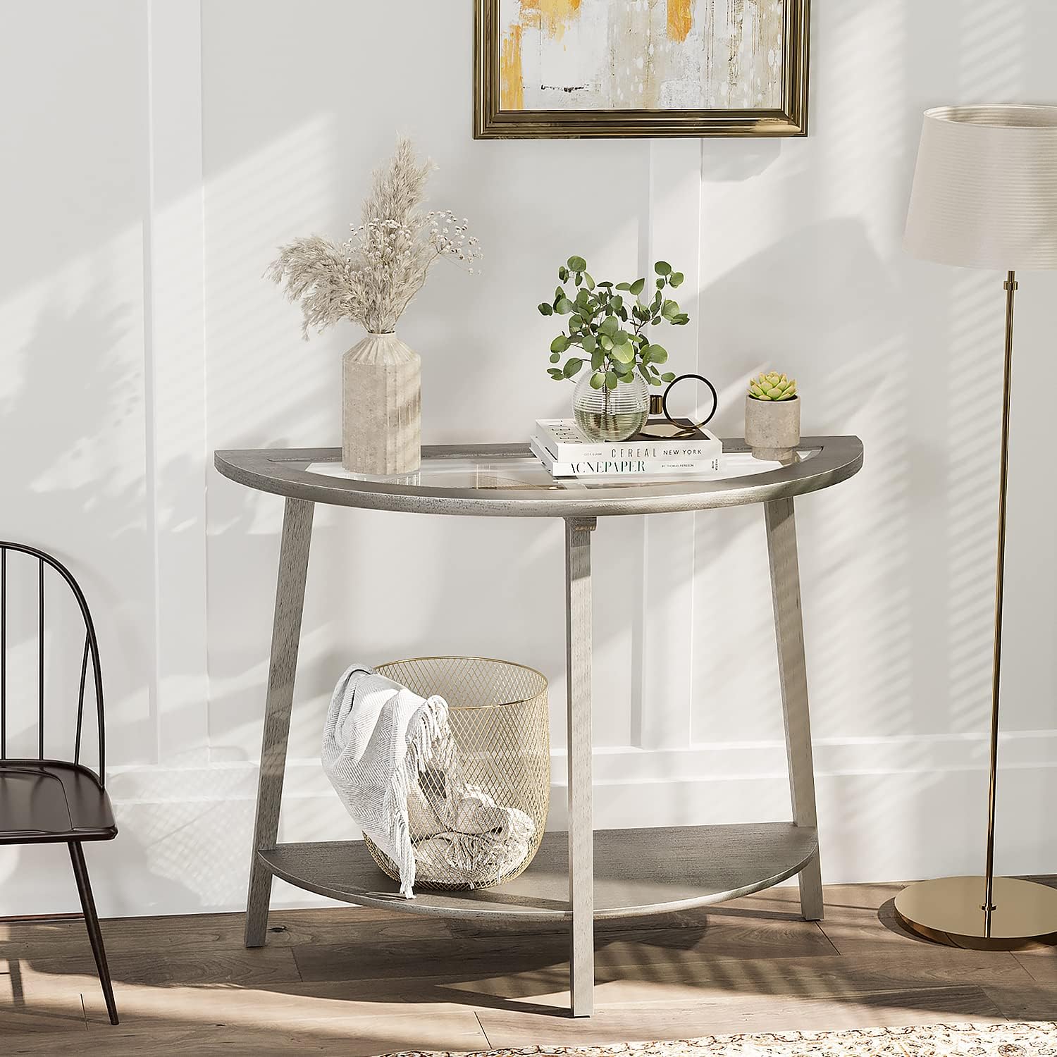 COSIEST 2-Tier Glass Console Table, Semi-Circular MDF Entryway Table with Storage Shelf, Modern Wood Sofa Side Table for Bedroom Living Room Hallway, Antique Silver