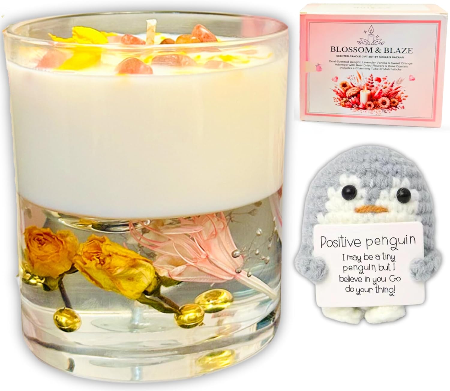 Moira's Bazaar Dual Scented 11 oz Candle, 50+ Hours Burn, Fall Scented - Lavender Vanilla & Sweet Orange, Hand Crafted Aromatherapy,Soy,Jelly,Dried Flowers,Positive Penguin, Gift for Women