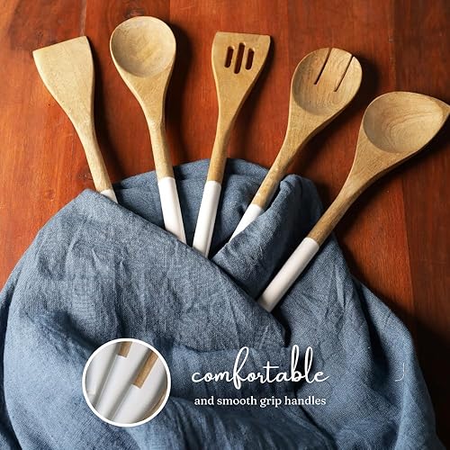 Miniatura 5 de The Art Box Juego de 5 cucharas de madera para cocinar, cuchara de esquina maciza de madera natural, espátula ranurada, utensilios de cocina,