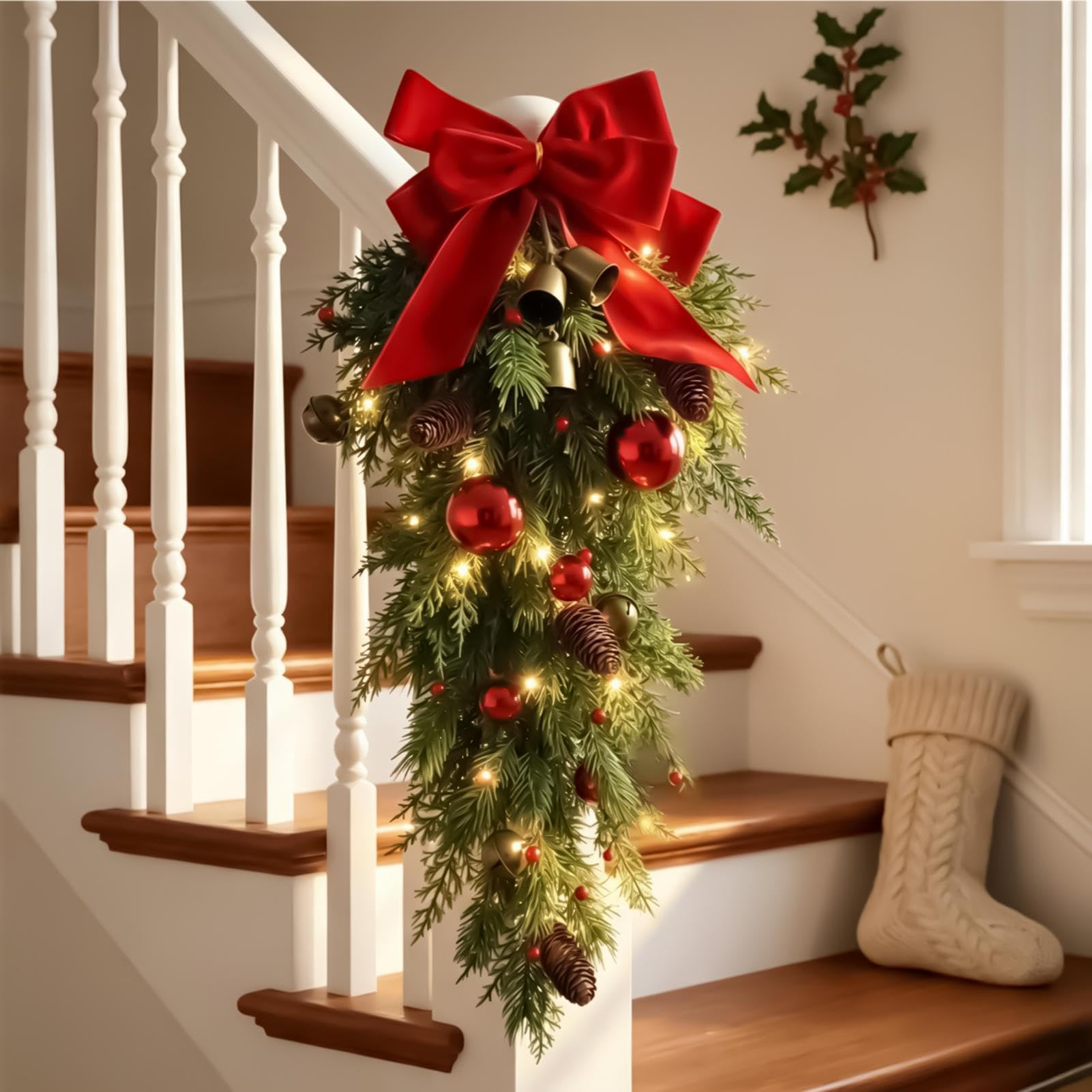 Corona di Natale 68 cm aghi di pino, capovolto e bacche