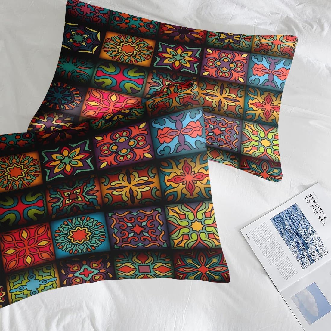 Pamnest Comforter Set Queen Size, Colorful Vintage Floral 7 Pcs Bedding for Kids and Adults, Mandala Bohemian Bed Sheet Sets with Fitted Sheet 2 Pillowcases & 2 Shams for Bedroom Bed Decor