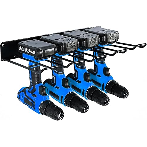 KULVGDA Drill Holder Wall Mount, Heavy Duty Power Tool Organizer Rack, Drill Hanger Wall Mount Holds 4 Drills Cordless Tool for Garage, Workshop, Shed (1Pcs)