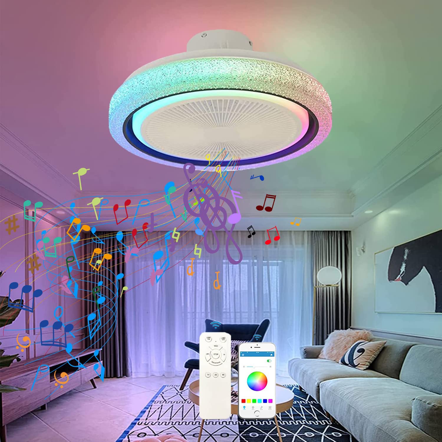 Ventilateur Plafonnier LED Avec Lumière RGB Et Bluetooth - Télécommande, Silencieux, Pour Chambre, Salon