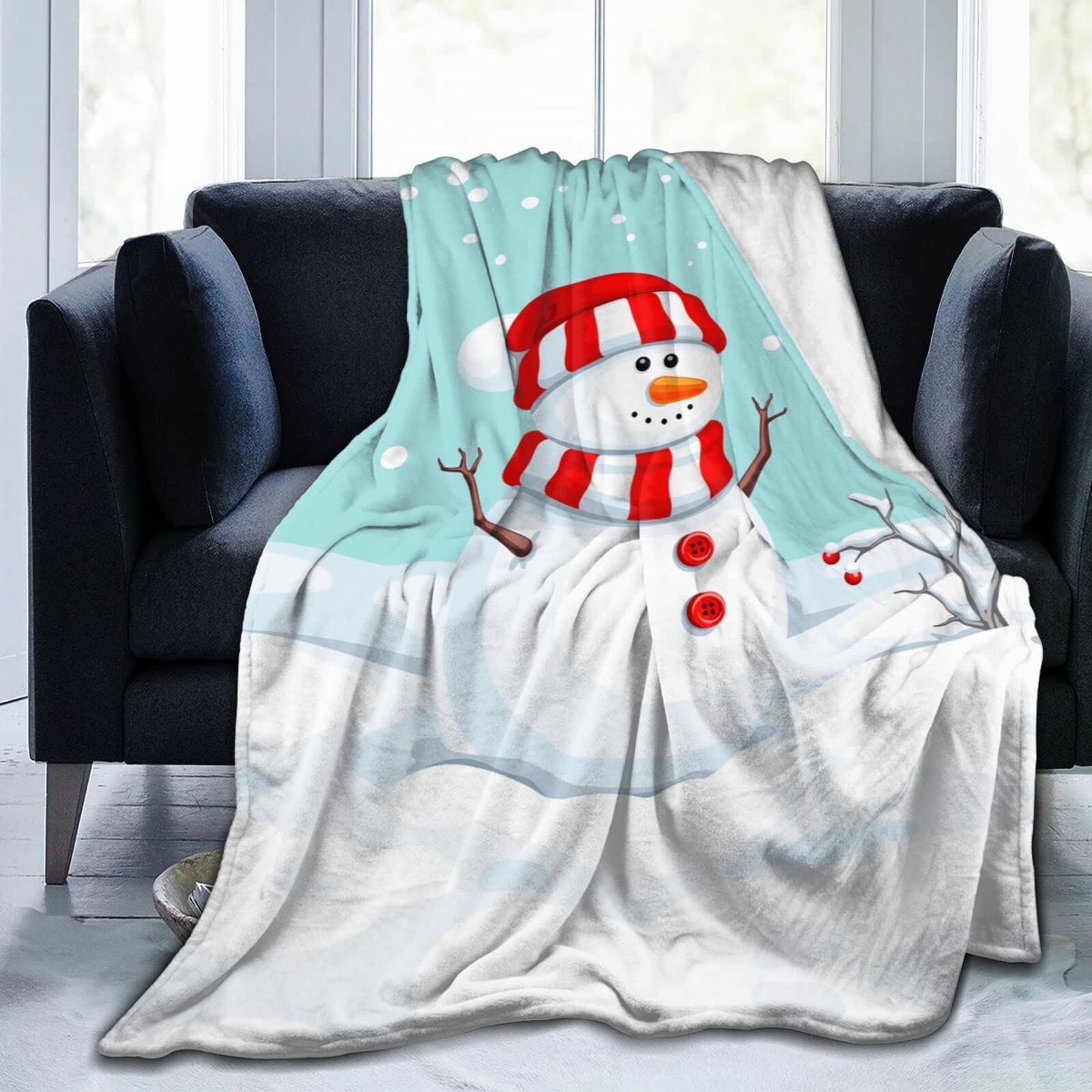 Lsjuee Christmas Snowman Throw Blanket Warm Cozy Blankets Lightweight Soft Cozy Flannel Winter Holiday Blanket for Sofa Couch Bed Office Xmas Gift 80"X60"