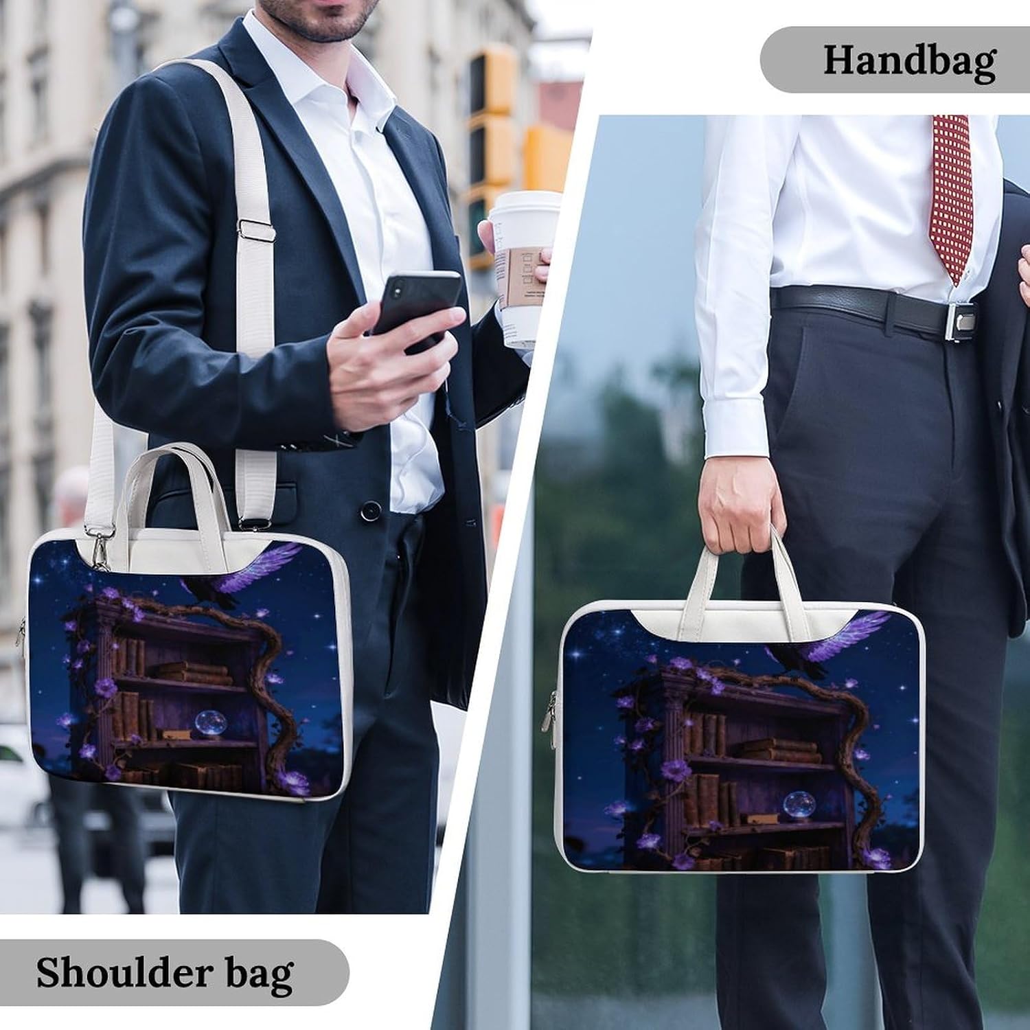 Purple Floral Crow Bookshelf 37x28cm White-style Laptop Bag Leather Tablet Computer Briefcase Large Capacity Work Business Tote Bags for Office