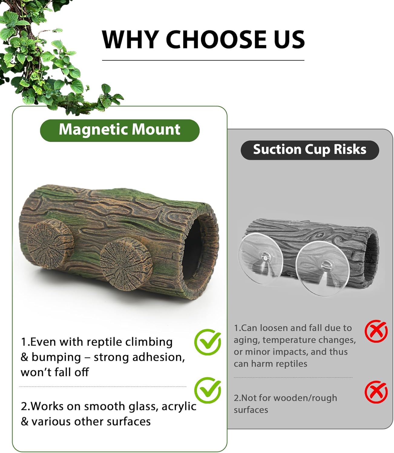 Magnetic Crested Gecko Hide - Resin Hollow Log Cave, Reptile Hide Cave, Reptile & Amphibian Habitat Hideouts, Aquariums & Terrariums Decor