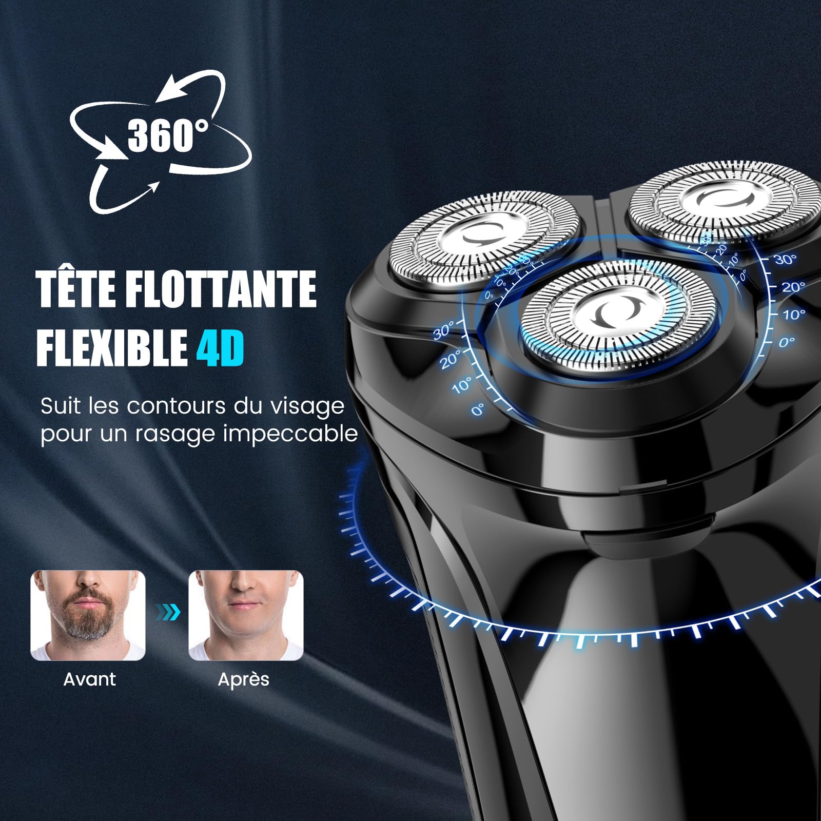 Brightup Rasoir Électrique Homme avec Tête Flottante 4D, Sans Fil LED Rasoirs Barbe Étanche IPX6, Recharge USB-C et Tondeuse Pop-Up, Verrouillage de Voyage