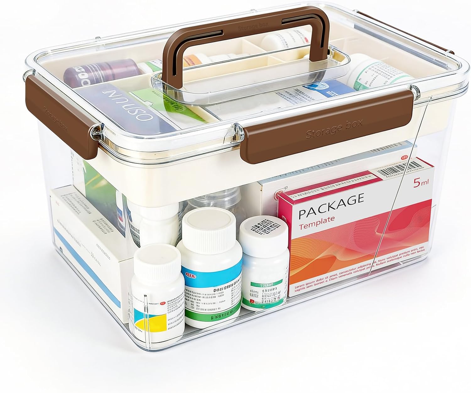 Clear Medicine Organizer Box, Portable Double Layer Medicine Organizer Box with Detachable Divided Tray, Clear Medicine Box for Family, Travel, Office & Dorm First Aid Medication Storage(M)