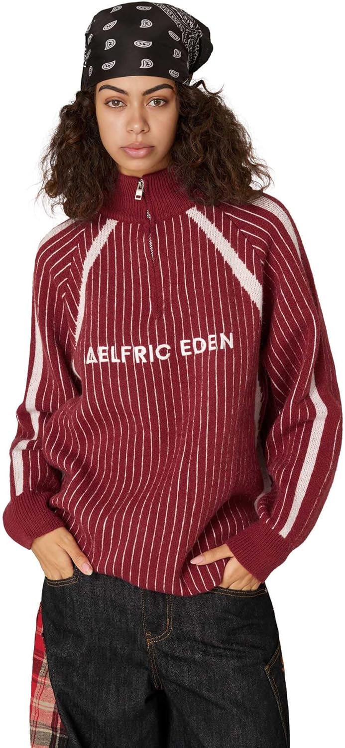 Aelfric Eden Vintage Striped Quarter Zip Sweaters Knit Long Sleeve Drop Shoulder Pullover Sweater Y2K Fall Outfits - Image 2