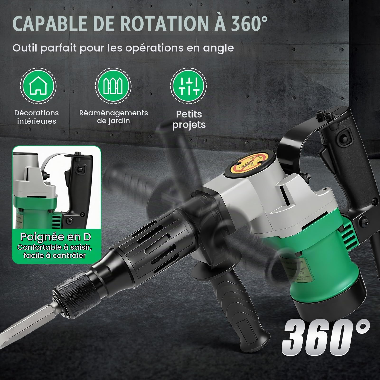 Marteau de démolition 1400 W, Marteau Piqueur, Marteau perforateur, SDS-Plus | Force d'impact 30 J | 3600 BPM | Poignée Anti-vibration, Burin Pointu, Plat Coffret Inclus pour Buriner Béton, L'ardoise