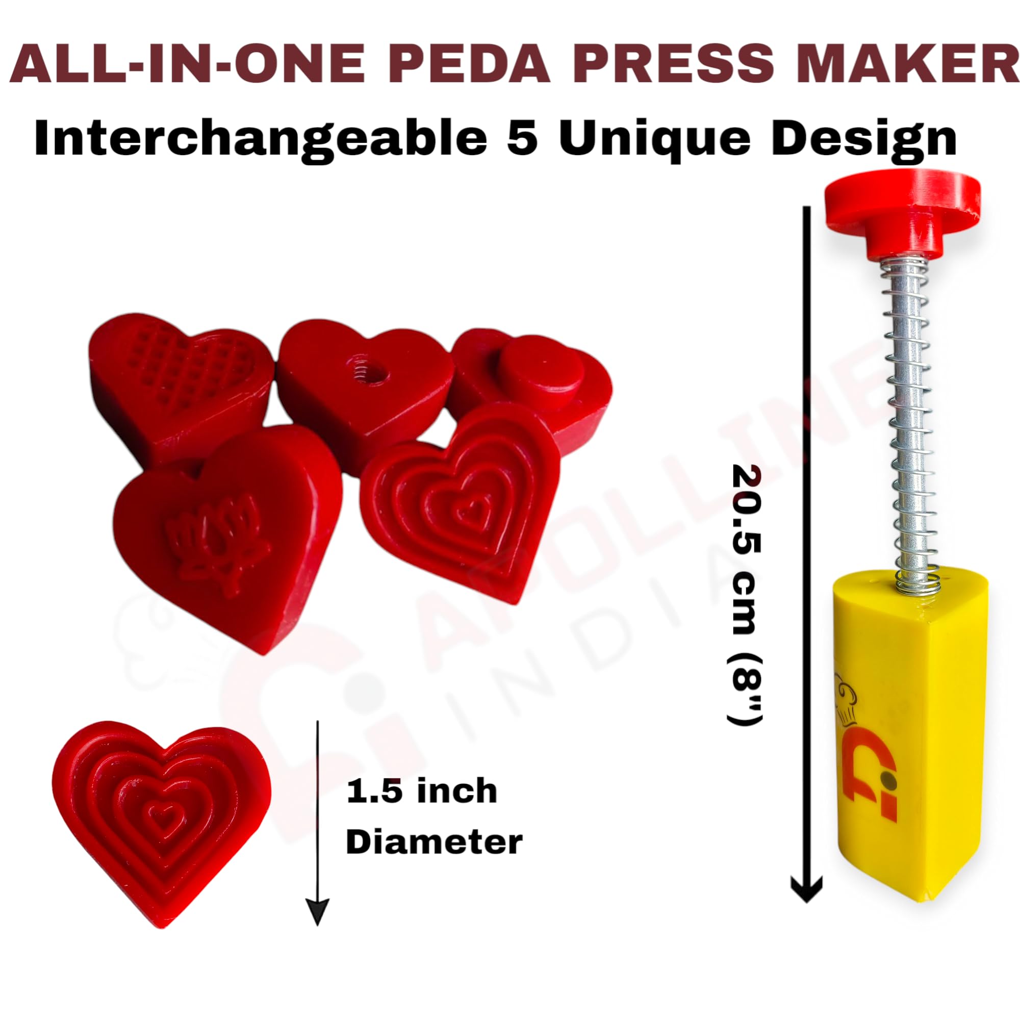 APOLLINE INDIA® Love-Themed Sweet Press Tool – 1.5 inch Heart Shape Mawa Peda & Cookie Maker | 5 Molds with Spring Handle | Sweet Fast Stamping Ideal for Festive Gifting (Pack of 1)