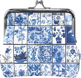 Chinese Style Blue and White Porcelain Check Women's Leather Coin Purse Fancy Makeup Period Bag for Women