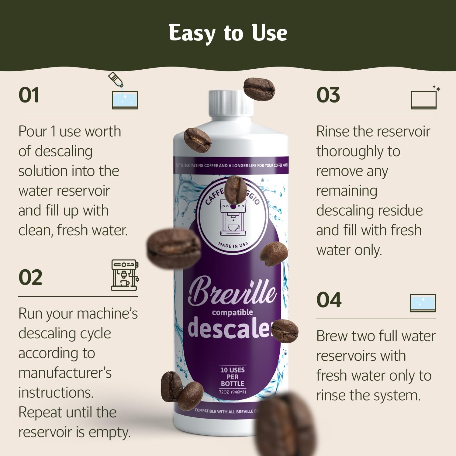 Breville Descaler (10 Uses) Specially Formulated to Descale and Clean Your Breville Espresso Machine Carbon Friendly Descaling Kit 2.5 Year Supply