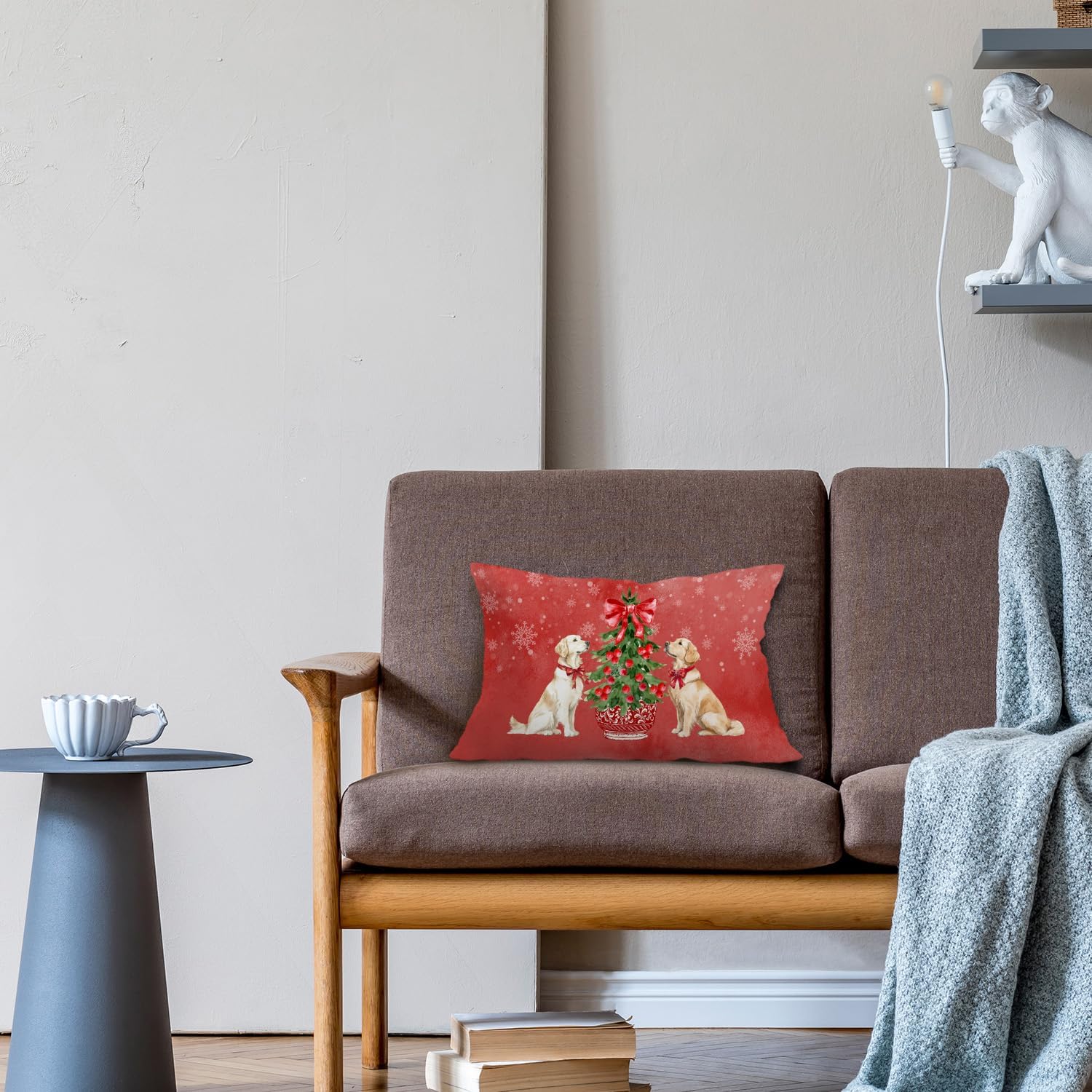 JINYO Red Chinoiserie Christmas Golden Retriever Pillow Covers 12x20, Golden Retriever Lover Gifts, Grandmillennial Red Bow Xmas Christmas Tree Dog Lumbar Pillow Covers for Home Living Room Bedroom - Image 4