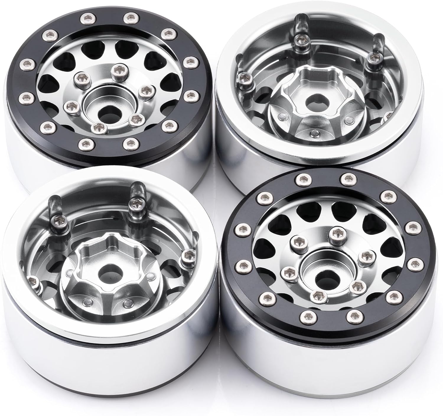 RCLIONS Aluminium 1.55" RC Beadlock Wheel Hub Rims for Axial UTB18 D90 TF2 CC01 AX90069 MST JIMNY 1/10 RC Crawler Trail Truck Car Upgrade Parts (Silver)