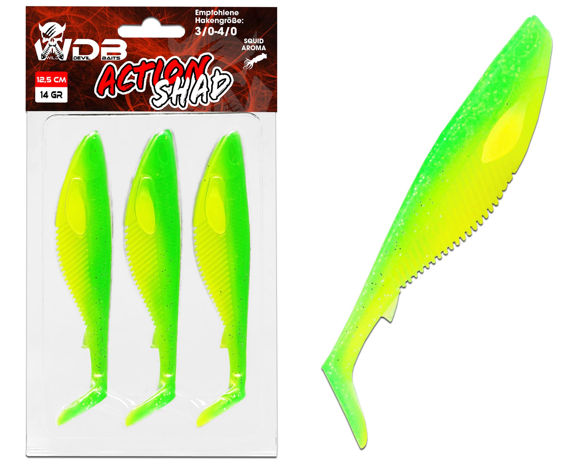 Angel-Berger Wild Devil Baits Action Shad Rubber Fish Artificial Bait Softlure Rubber Bait Pike Perch Zander Fishing Lure Predator Fish Bait (Green Flash, 17.5 cm)