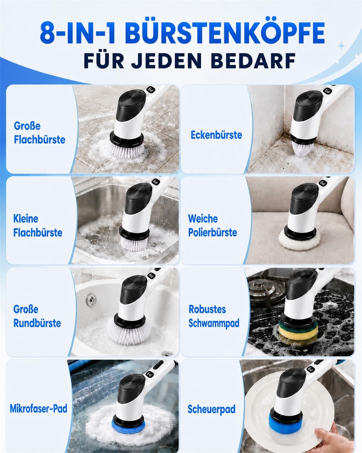 WHATOOK Elektrische Reinigungsbürste mit 8 Wechselbürsten, IPX7 Wasserdicht