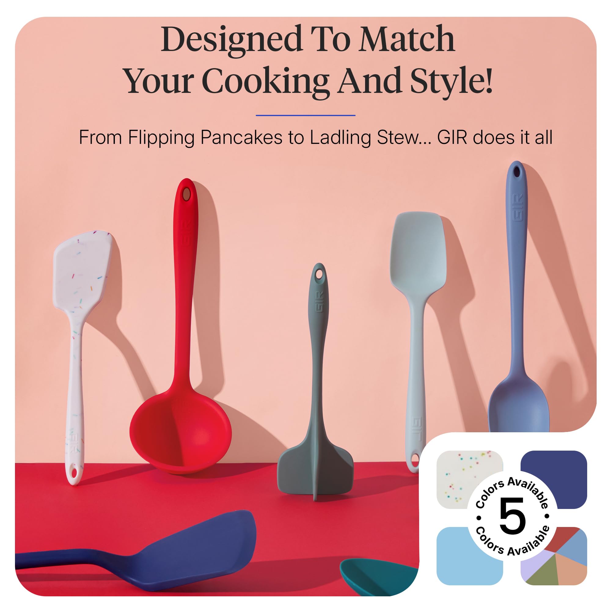 GIR: Get It Right - Juego de utensilios de cocina y espátulas de silicona, 5 piezas, color negro, resistente al calor hasta 218.3 °C, antiarañazos y apto para lavavajillas