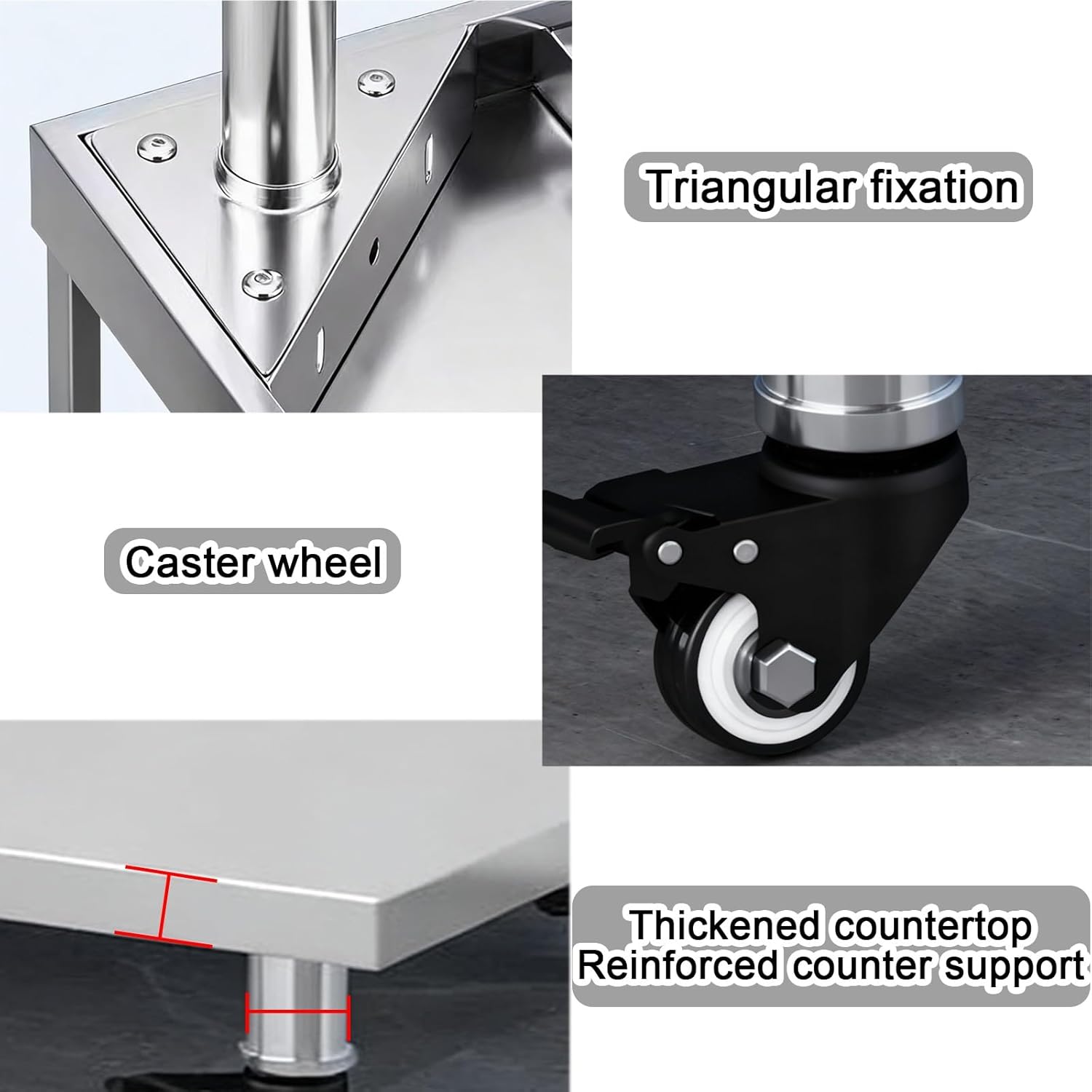 Stainless Steel Workbench with Swivel Casters and Triangular Locking Mechanism Kitchen Work Table H16/21/26/31cm Brushed Finish Reinforced Countertop Commercial Height Extension Frame