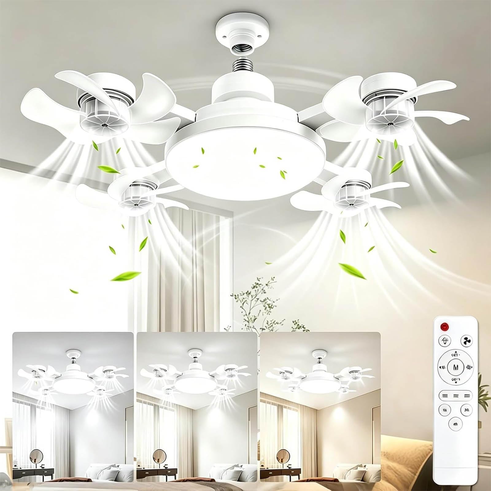 4 Heads Drone Ceiling Fans with Lights and Remote,Foldable E27 Ceiling Fan with Extension Rod Screw,3 Color Temperatures & 3 Fan Speeds,Silent Bayonet Fitting Lamp Fan for Bedroom,Closet,Kitchen