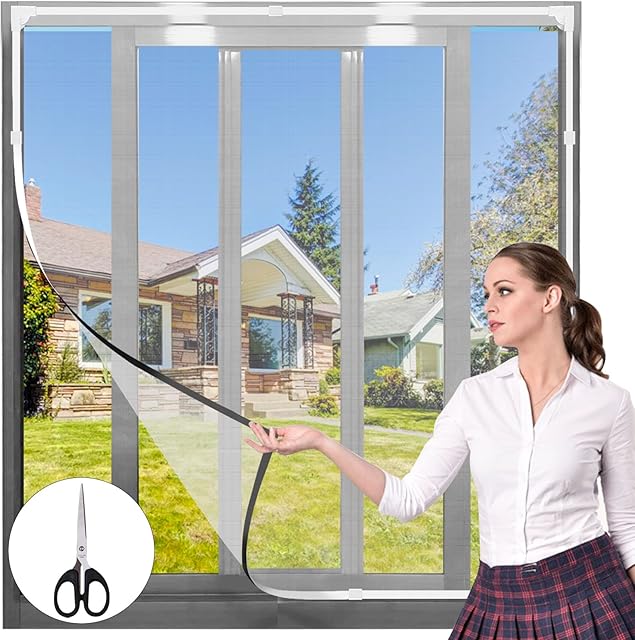 DIY Magnetic Fly Screen for Windows, Adjustable Mosquito Net Insect Mesh with Scissors 120cm×100cm Easy Installation Keep Bugs Flys Mosquitoes Out, Grey Net