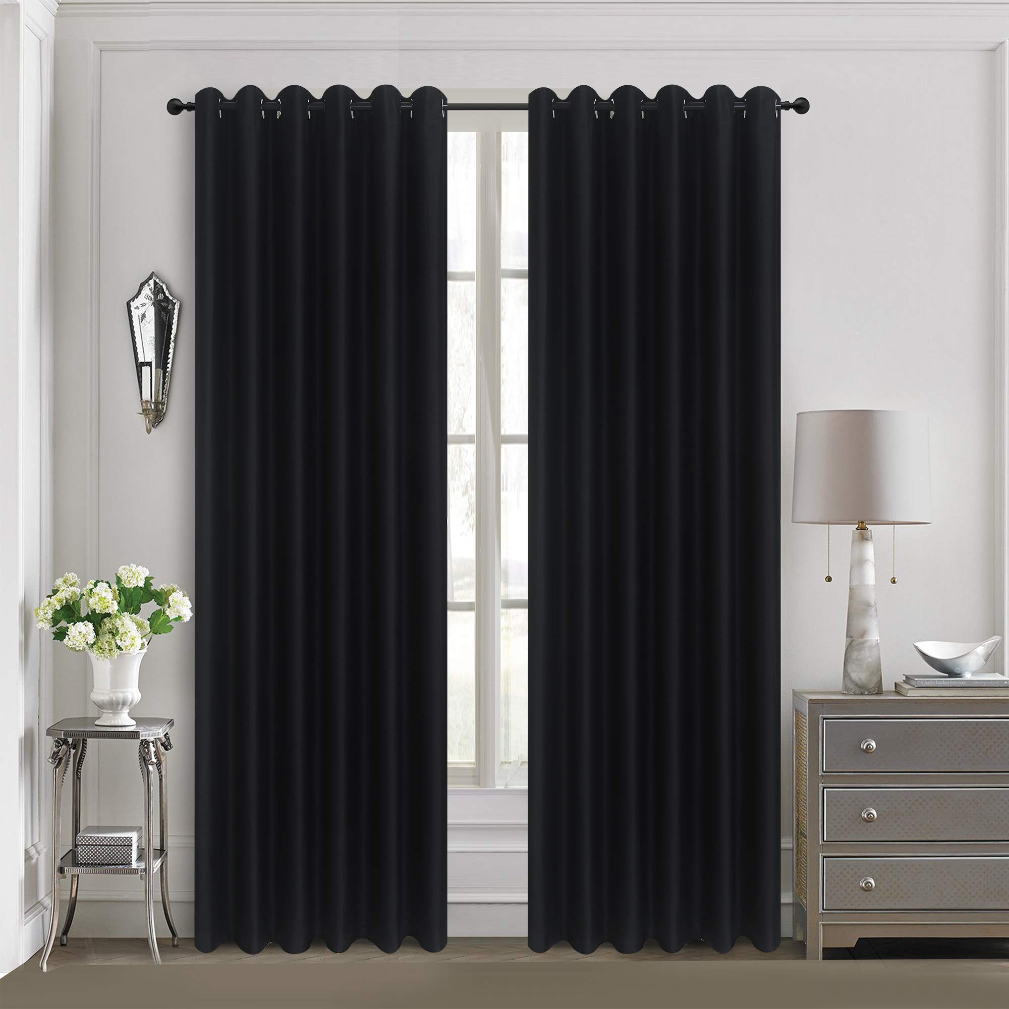 ROOEE Insulated Heavy Thick Thermal Blackout Curtains Eyelet Ring Top Pair – Ideal for Living Room, Bedroom, Guest Room and Kids Bedroom (Black, 66" Wide x 90" Drop) — image 1