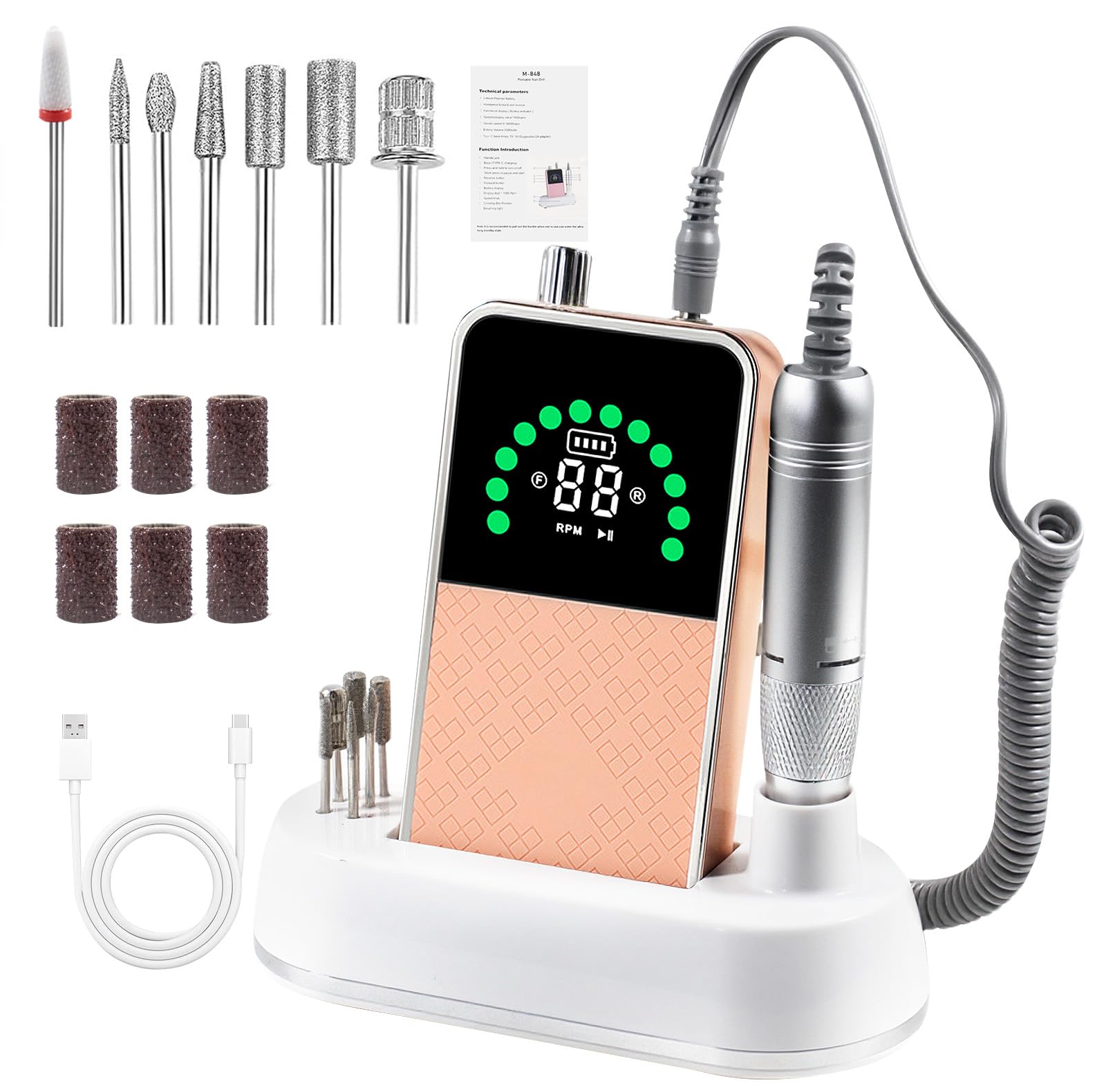 Ponceuse pour Ongles Professionnelle 50000 RPM Portable Rechargeable Avec Affichage LCD et 7 Embouts Ponçage pour Pédicure Manucure, Puissante, Silencieuse pour Salon/Maison