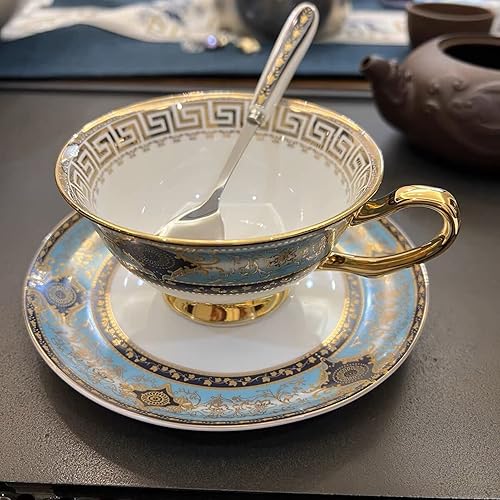 Miniatura 7 de YBK Tech - Juego de tazas y platillos de porcelana de hueso estilo europeo, taza de café de cerámica para el hogar, cocina, boda (patrón real, azul