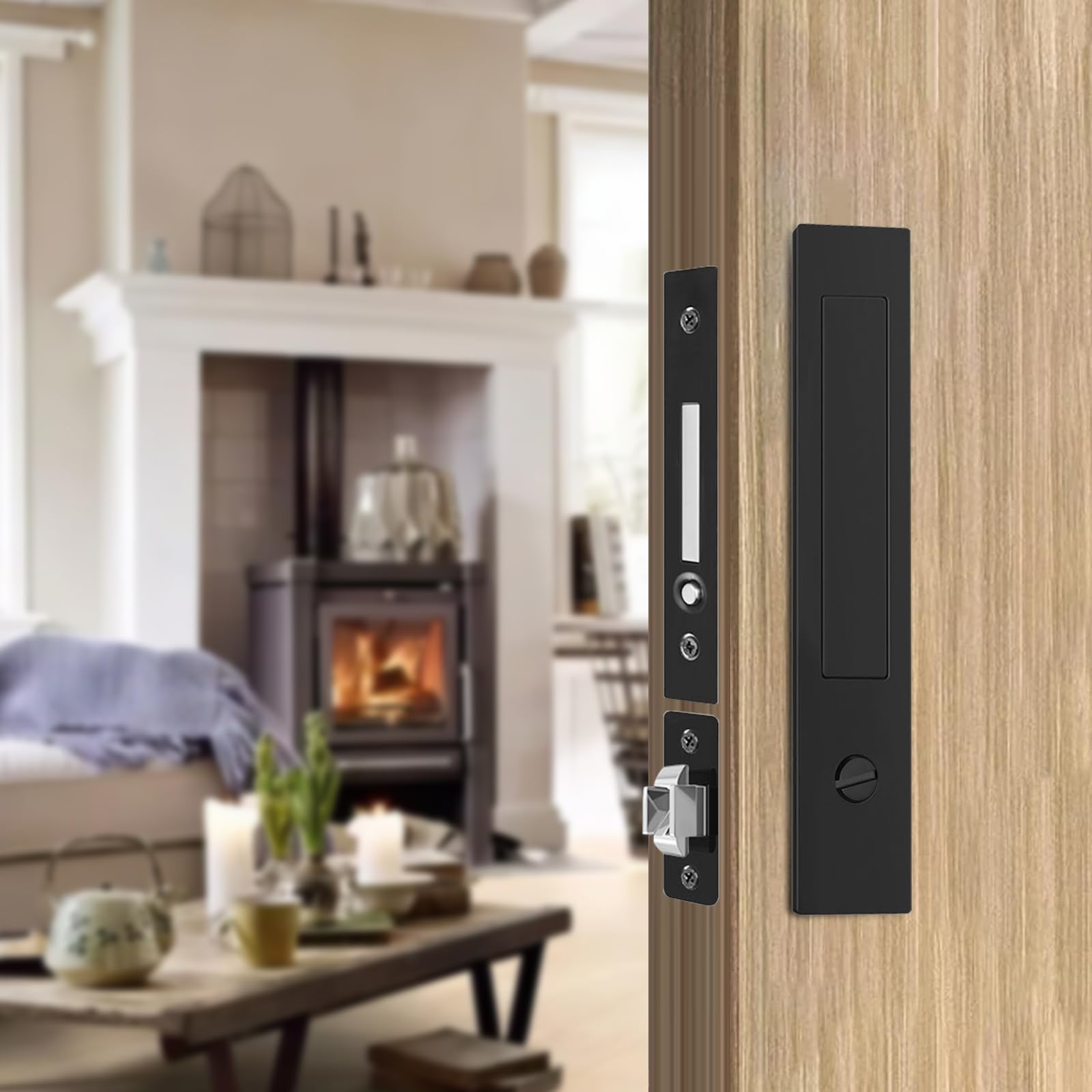 Pocket Door Locks, Edge pulls, Hidden Handles, Pocket Door Hardware, Sliding Door Locks, Sliding Door Hardware, for Doors 1 5/12" to 2 2/8" Thick (Black)
