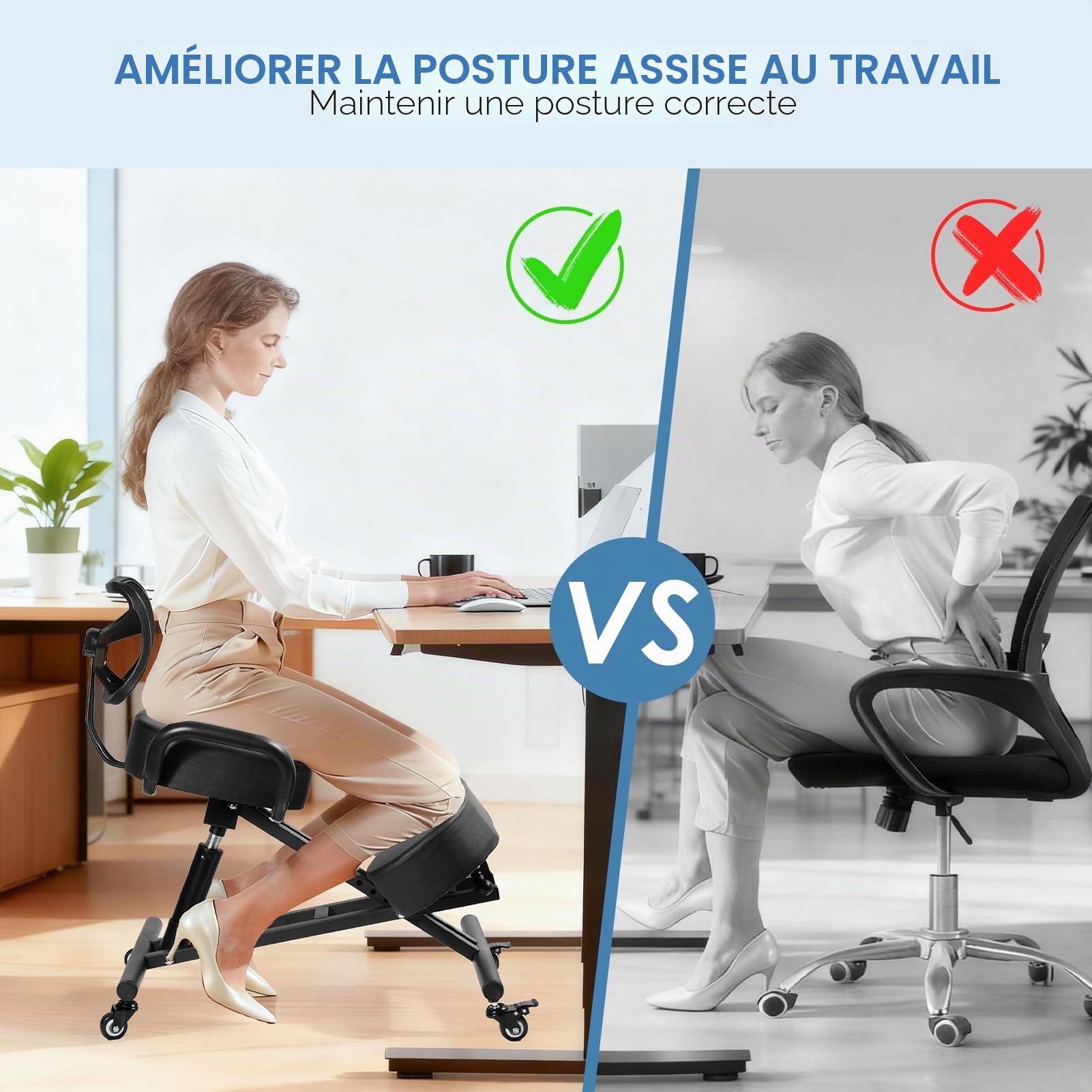 Chaise genoux ergonomique avec dossier | Hauteur réglable de 57 à 67 cm et rembourrage en maille respirante | Repose-jambes 4 positions et siège stable jusqu'à 100 kg Tabouret pour bureau, dessin et