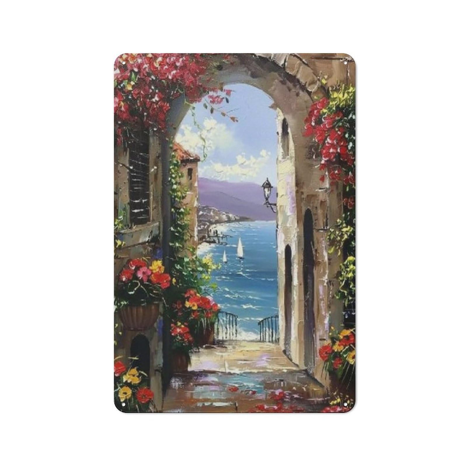 Acdoet Tin-19 Rustic Metal Tin Sign Painted Wall Art Italy Town Mediterranean Tuscany Sea Coast Flowers Oil Painting Landscape Scenery Wall Decor 8X12 Inch