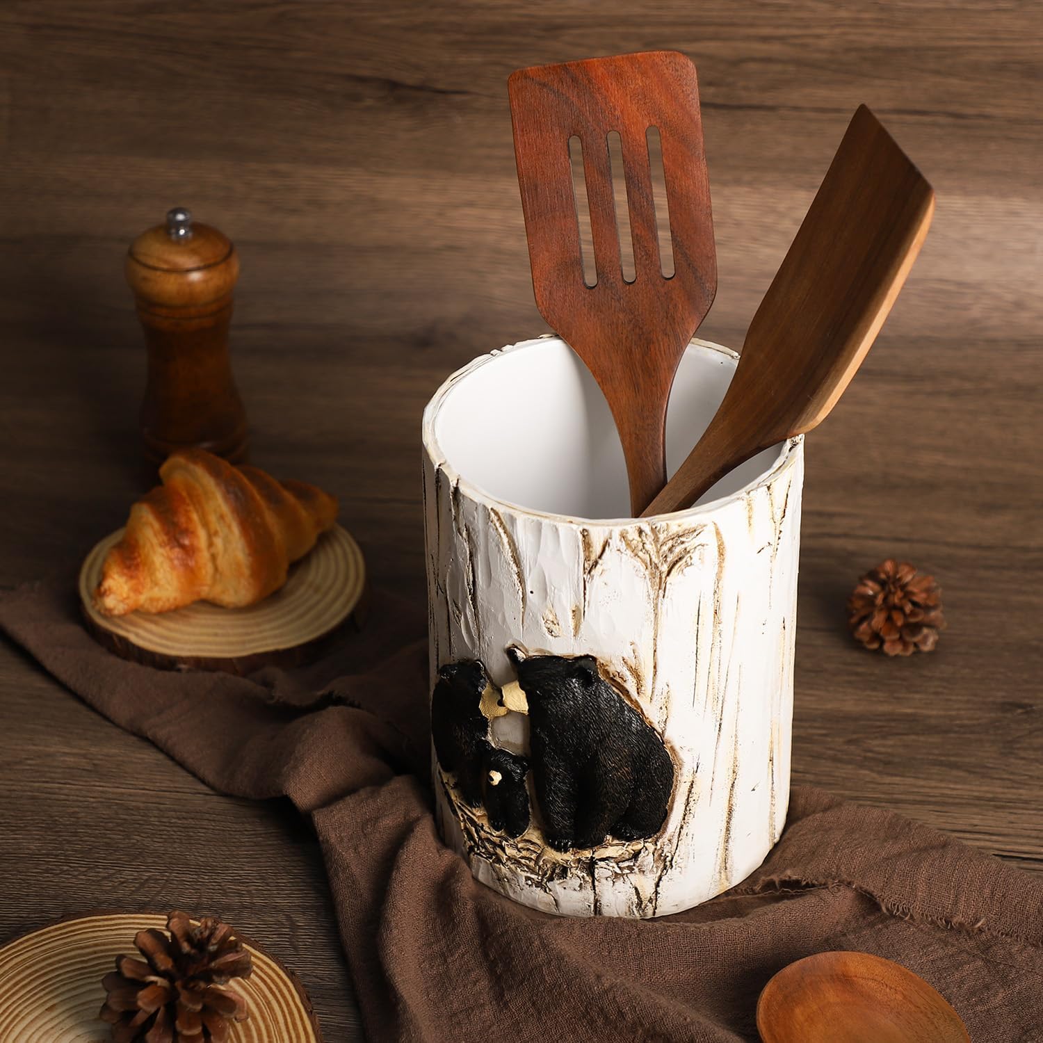 Resin Black Bear and Stump Kitchen Utensil Holder, Large Cooking Utensil Crocks for Countertop-Family