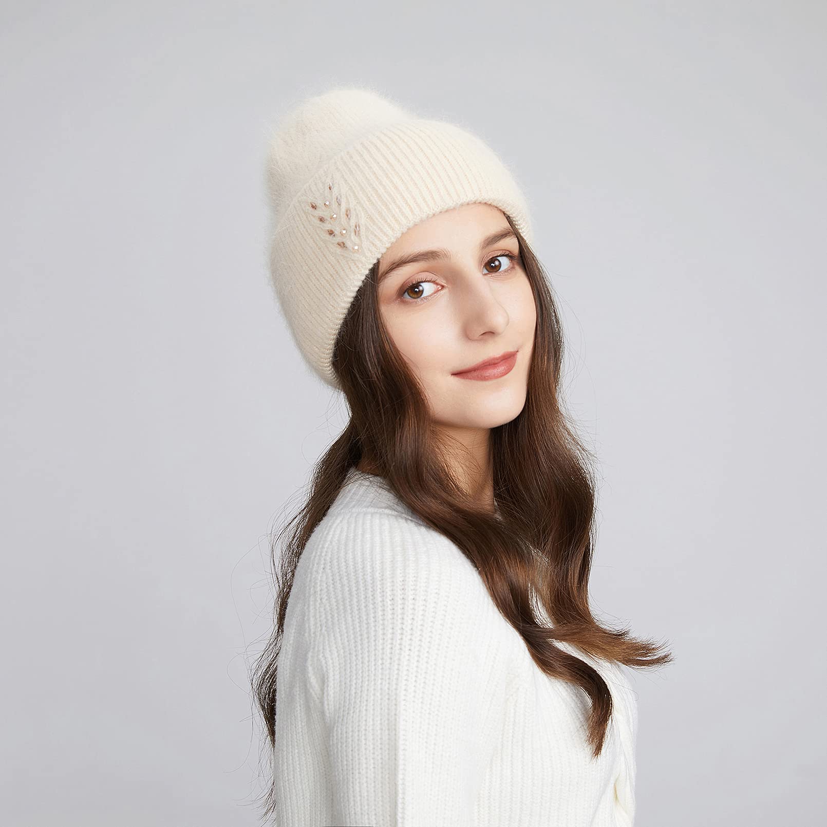 BeFur Bonnet d'hiver à pompon en cachemire pour femme - Bonnet tricoté chaud avec strass et épis de blé