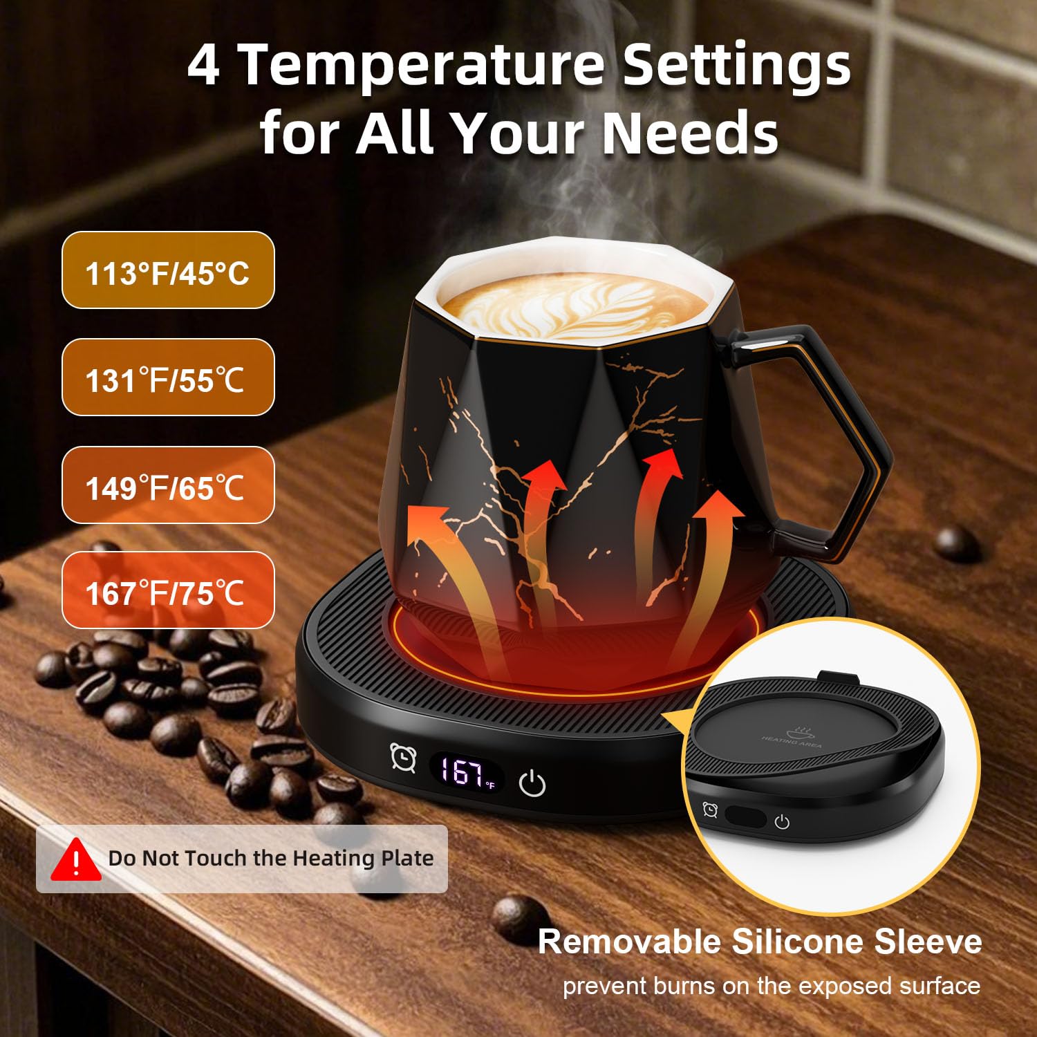 Calentador de tazas de café y juego único de tazas de mármol, calentador de tazas eléctrico inteligente para computadora y oficina, 4 controles de temperatura, calentador de bebidas de café, té y 8