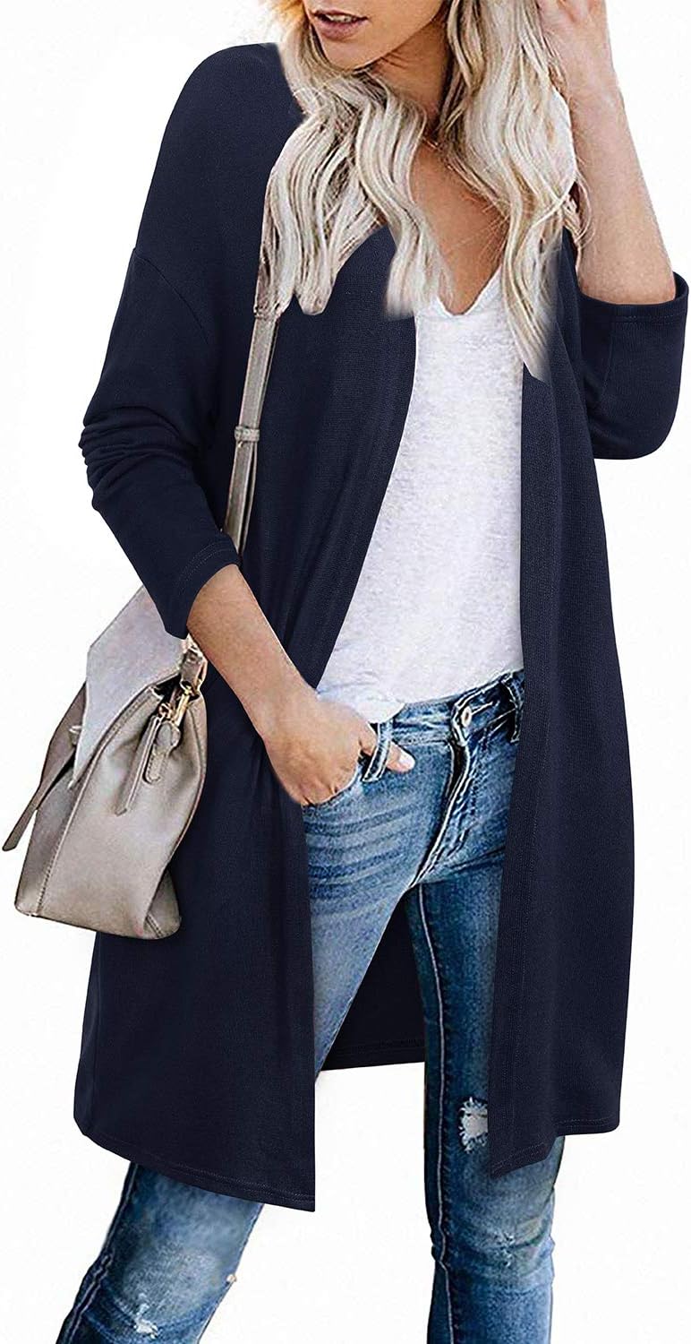 OUGES Women's Open Front Cardigan Shirt with Pockets Long Sleeve Lightweight Coat - Image 3