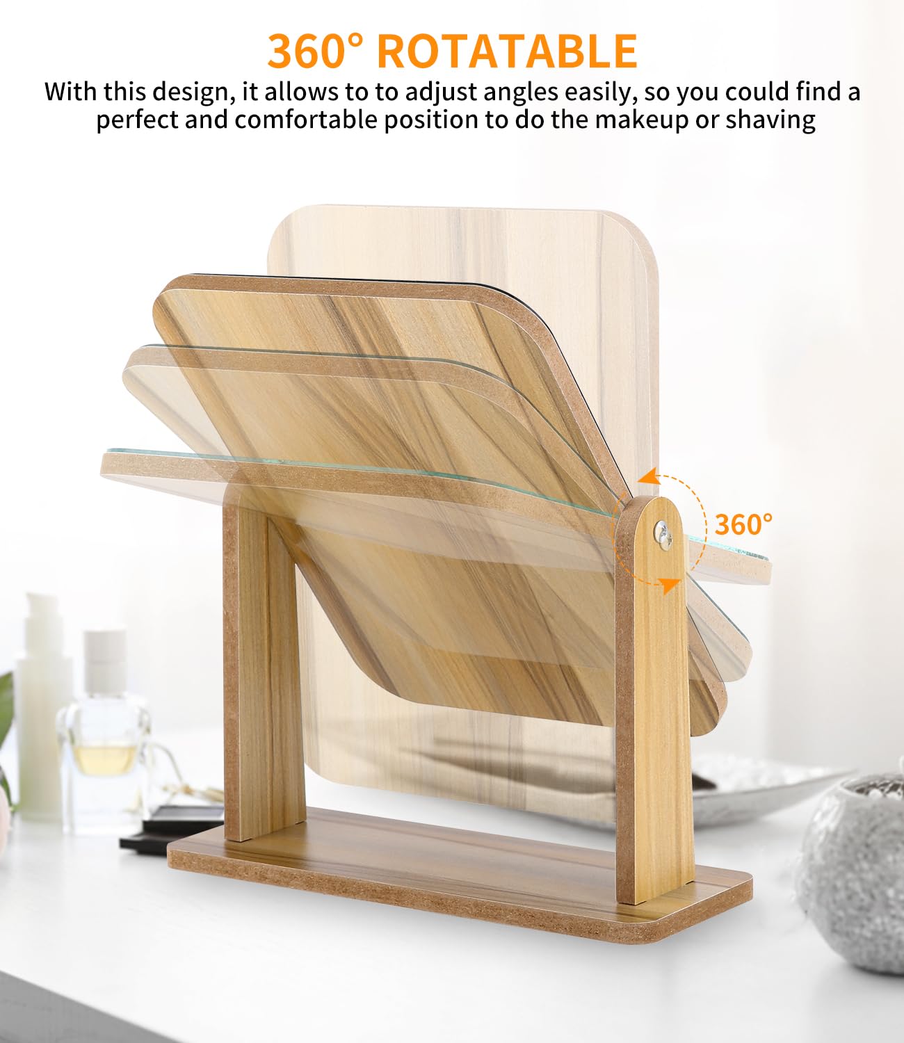 Zhufas Staande spiegel, kleine staande houten make-upspiegel, tafelspiegel, 360 graden rotatie, houten tafelspiegel, 25 x 22 cm, voor make-uptafel, bureau, slaapkamer, badkamer