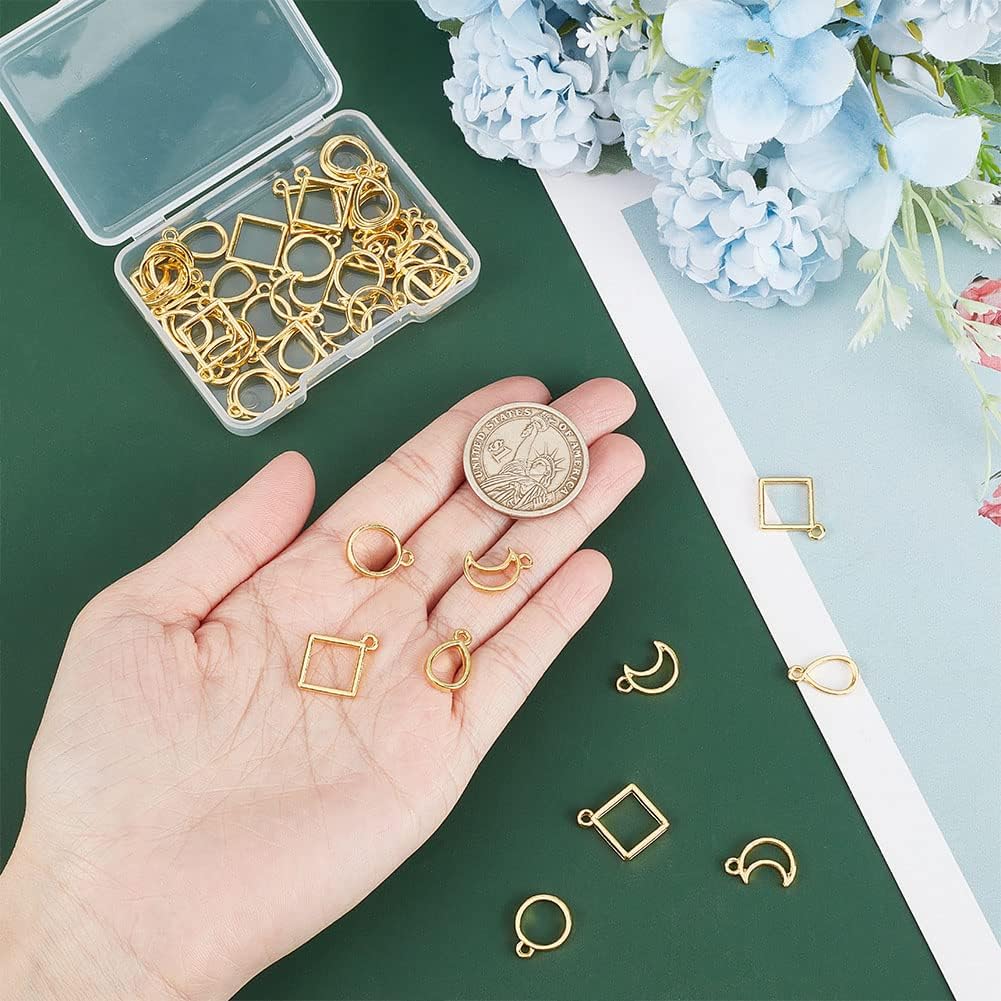CHGCRAFT 48Pcs 4 Styles Golden Geometric Hollow Frame Charms Teardrop Round Square Moon Alloy Open Back Bezel Pendants for DIY UV Resin Pressed Flower Jewelry, Length 14-19mm - Image 3