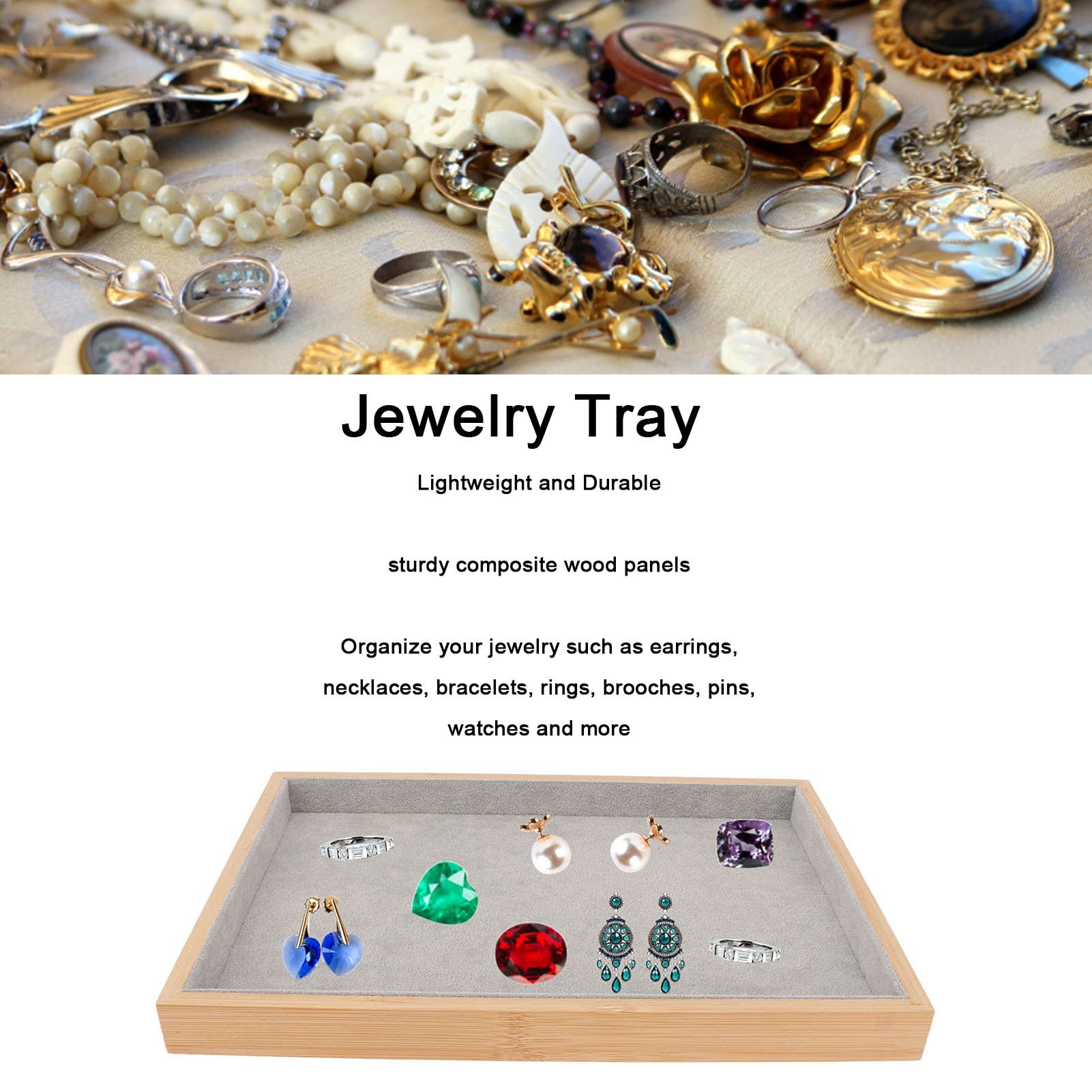 Bandeja De Joyería De Madera, Estuche De Almacenamiento Organizador De Exhibición De Terciopelo, Bandejas De Exhibición De Joyería Multiusos Para Pendientes Y Collares(Gris)