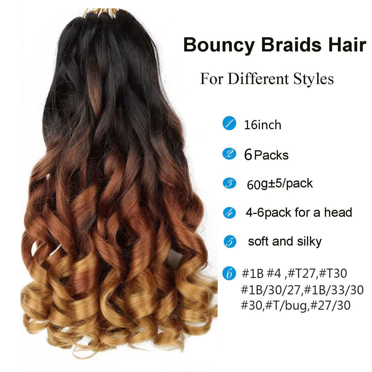 6 Packs French Curl Braiding Hair Extension Crochet Braids Hair Extensions (#1B/30/27, 16Inch (Pack of 6)) - Image 2