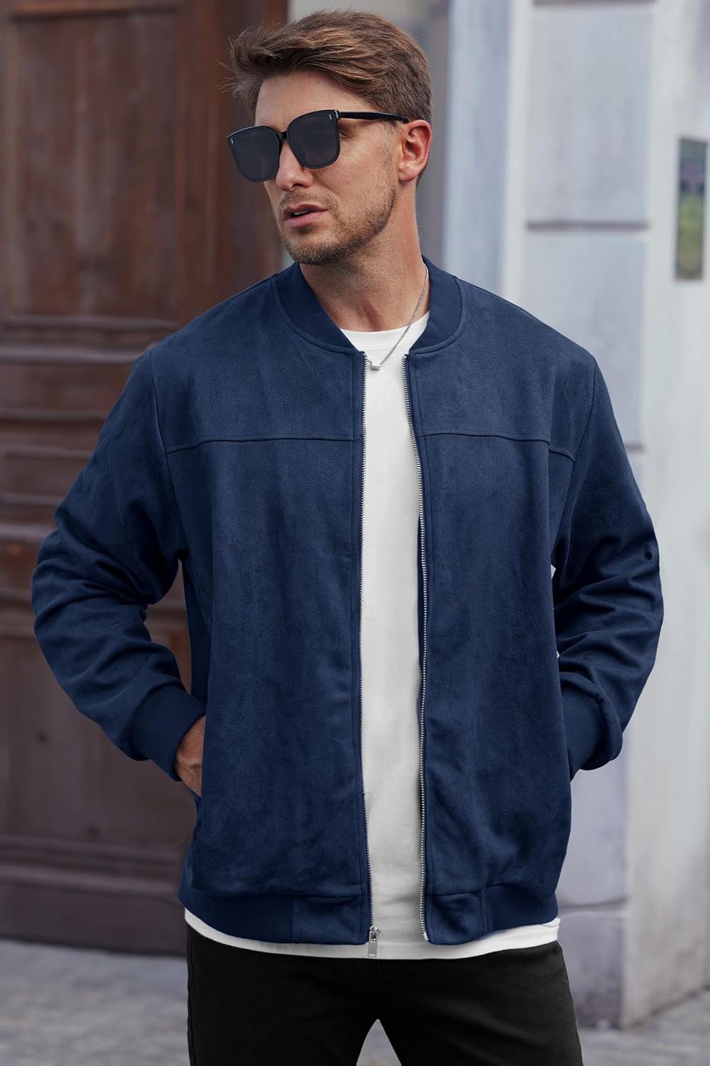 Men’s Bomber Jacket Faux Suede Midweight Casual Full-Zip Flight Coat (S-XXL)