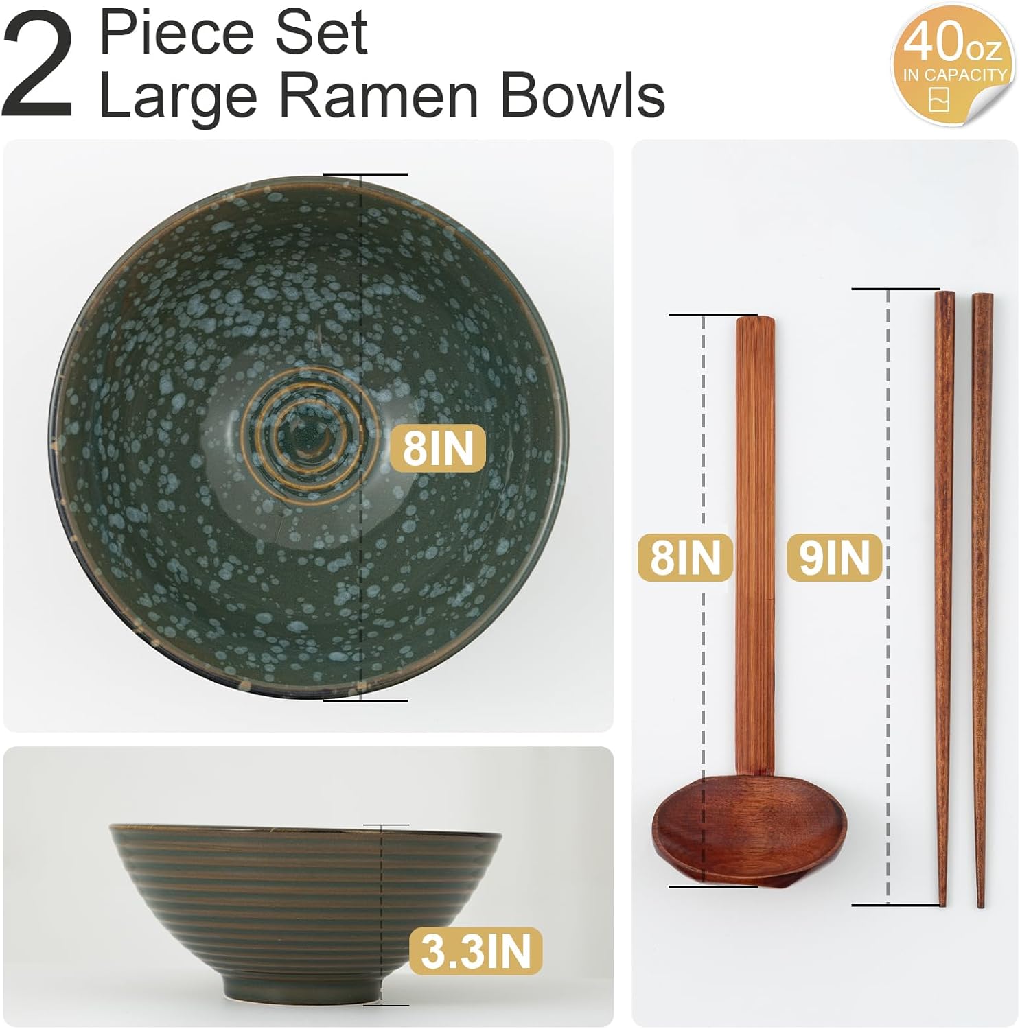 8 Inch Ceramic Ramen Bowl Set of 2, 40oz Japanese Bowls with Spoons & Chopsticks,Durable,Microwave & Dishwasher Safe,Perfect for Ramen,Pho,Salad,Soup,Noodles，Mixing bowls（Jade Green） - Image 2