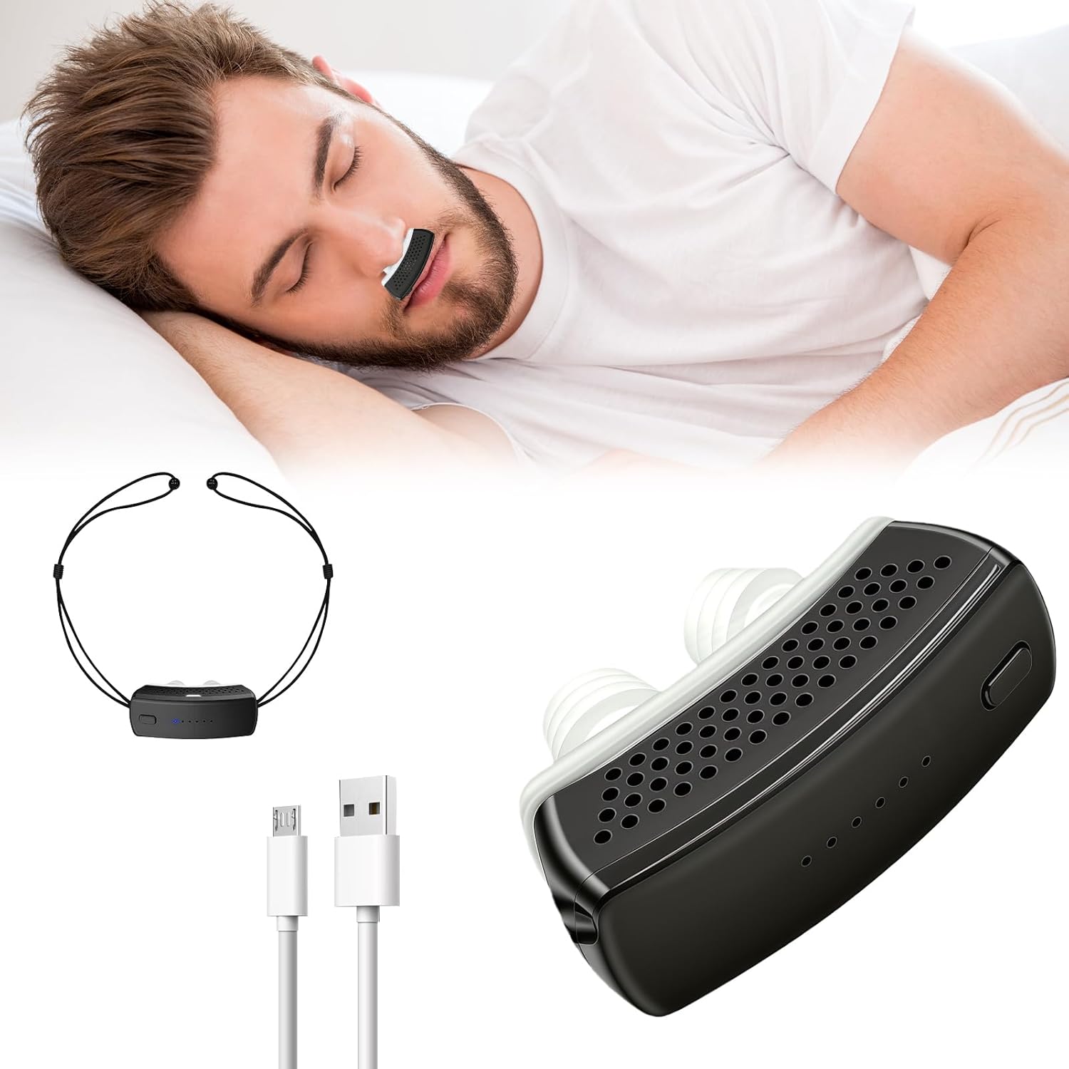 Anti Snoring Devices, Electric Snoring Solution with Adjustable Strap, Universal Fit for All Nose Shapes, Adjustable 6-Speed, Mini Portable Sleep Apnea Devices (Charcoal Black)