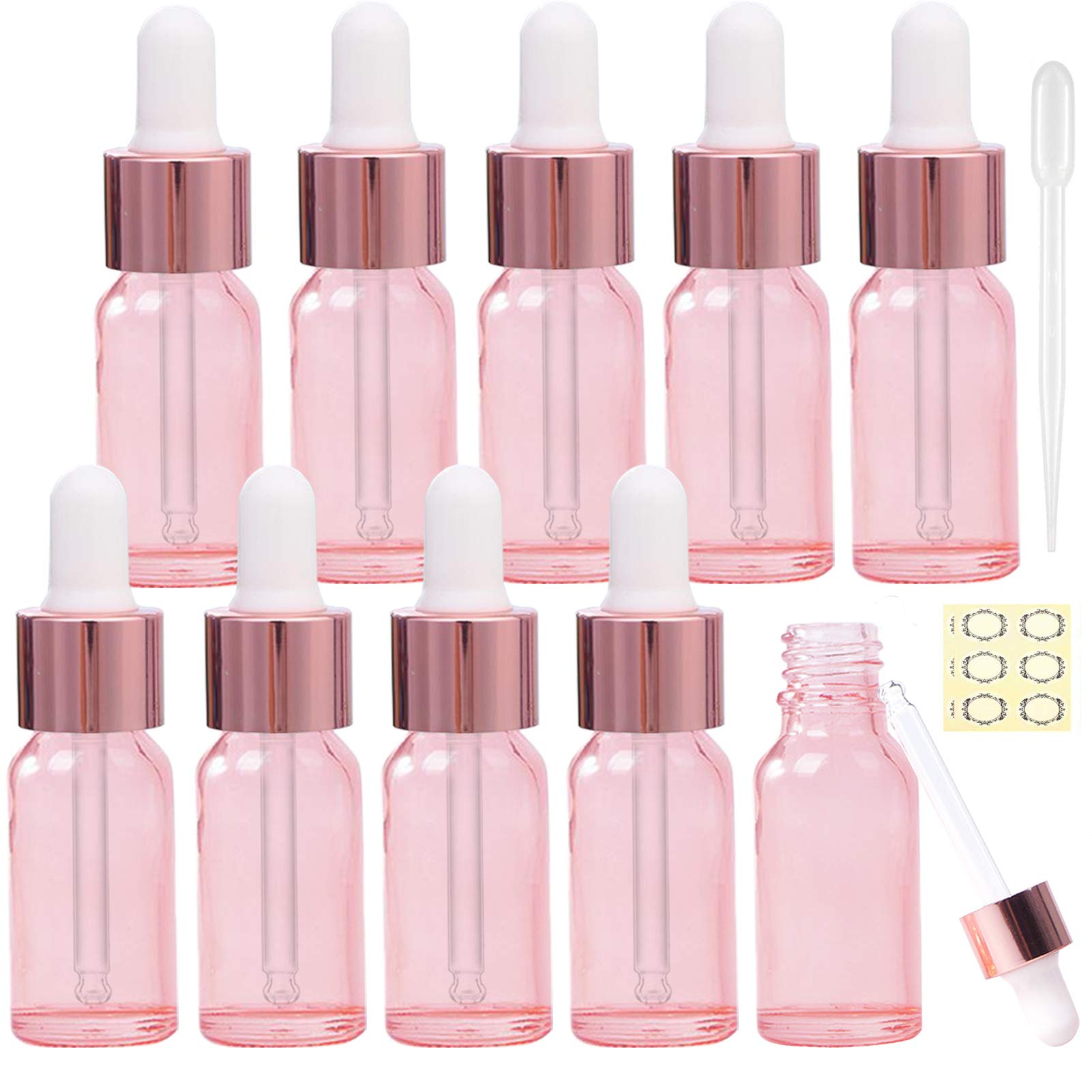 Alledomain 10Pcs 10ml Rose Gold Glass Bottles with Dropper Pipettes, Mini Empty Dropper Bottles Rose Gold Metal Cap Refillable Sample Container for Essential Oil/Aromatherapy Blend/Chemical Liquid