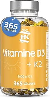 Visuel du produit : Vitamine D 5000 UI Vitamine D3 K2. 365 Capsules Vitamin D3 hautement concentrée Soutient les fonctions immunitaires et osseuses grâce à la Vitamin D3 K2 hautement dosée