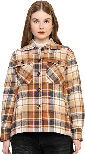 JUST BEYOND Woolen Shacket For Women, Stylish Plaid Pattern Button Down Shirt, Classic Spread Collar &amp; Full Sleeves Winter...