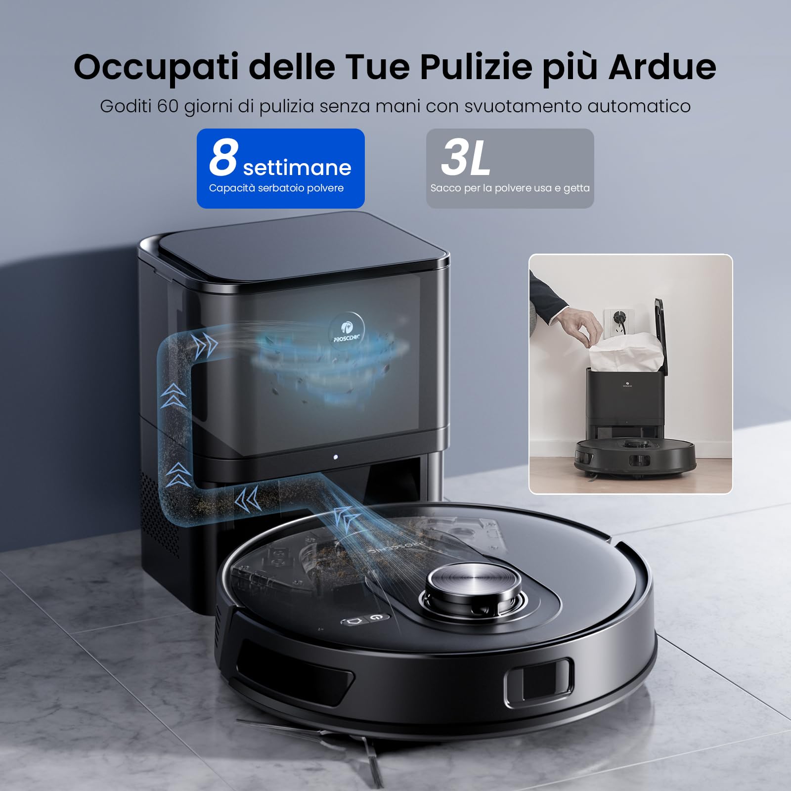 Proscenic Q8 Max+ Robot Aspirapolvere Lavapavimenti con Mappatura 8000Pa, 200 min, Evitamento Automatico Degli Ostacoli, Robot aspirapolvere con WiFi/Alexa/App, per Tappeti/Pavimenti/Peli